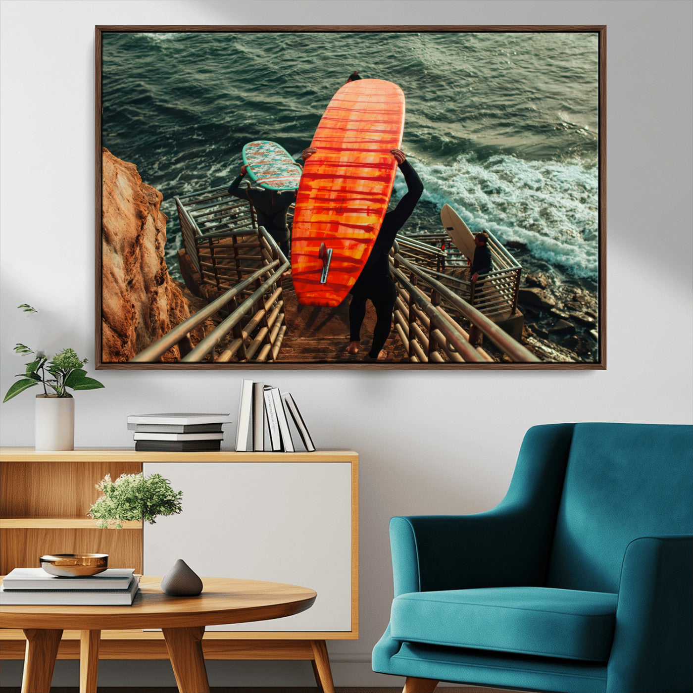 MGV-FC-36X24 - Surfer Stairway Wall Art Canvas Print, Framed Ocean Surf Art Picture Print, Sunset Coastal Perfect Coastal Adventure Decor Artwork