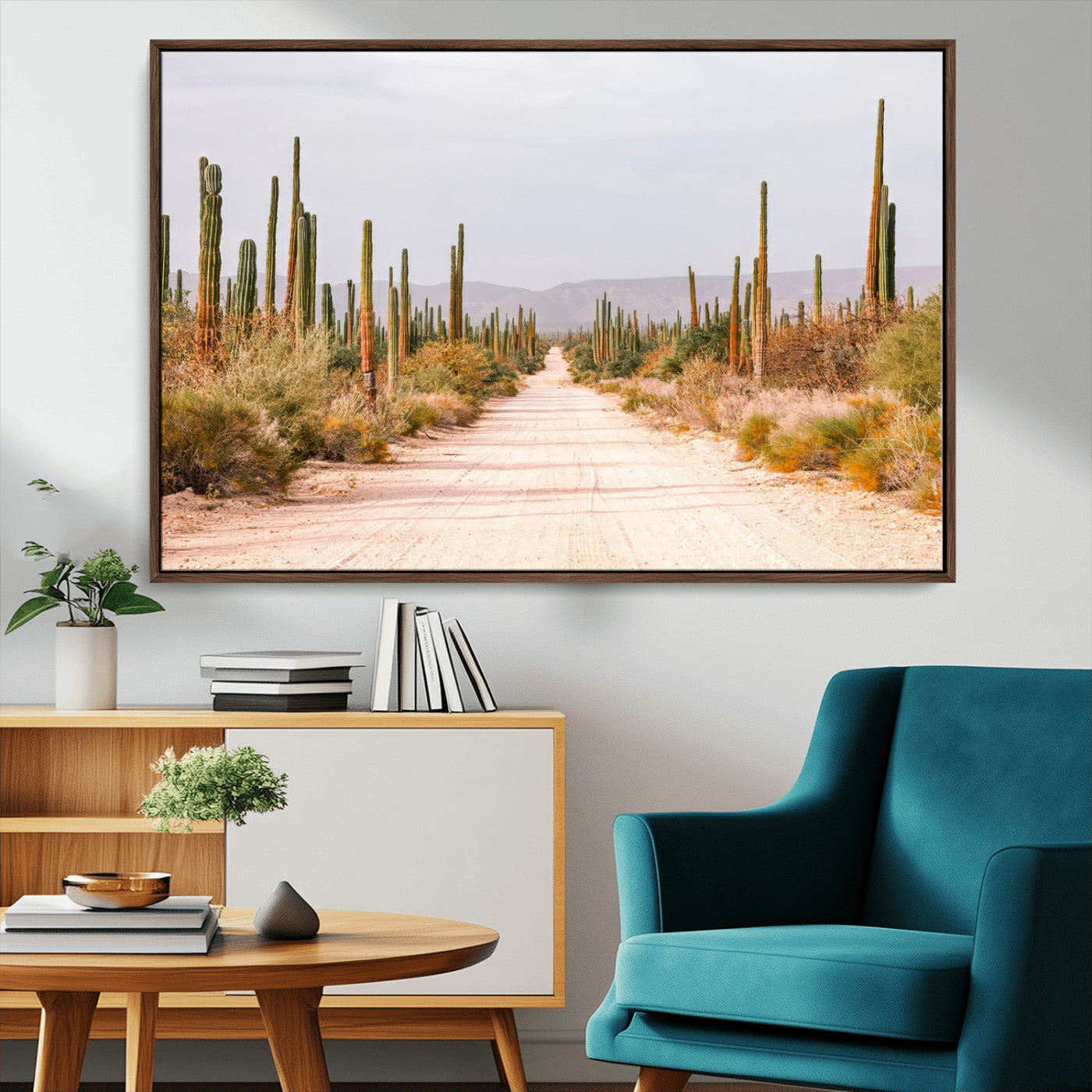 MGV-FC-36X24 - Desert Cactus Lined Road Wall Art Canvas Print, Framed Southwestern Landscape Art Picture Print, Bohemian Western Aesthetic Perfect Southwestern Boho Decor Artwork