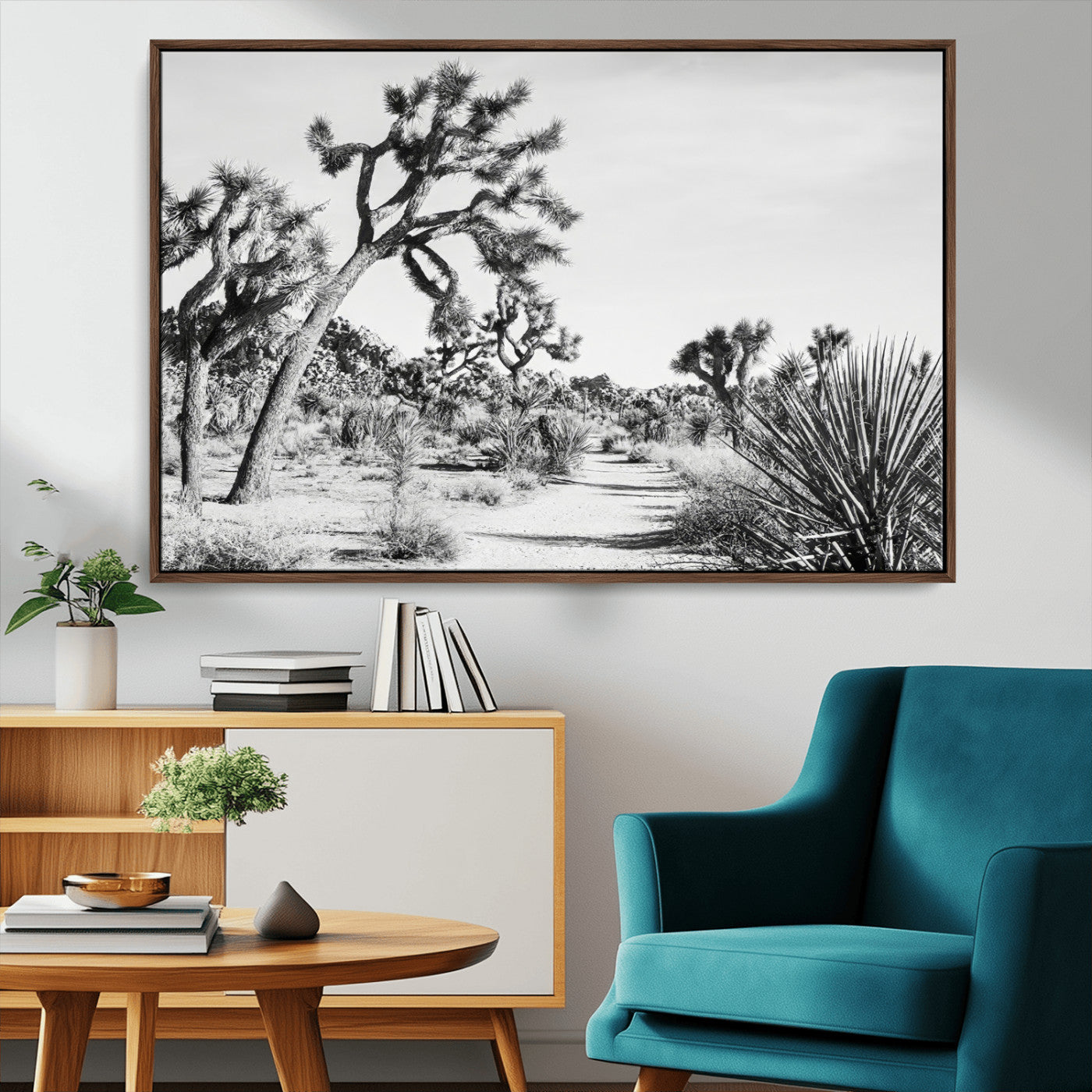MGV-FC-36X24 - Joshua Tree Wall Art Canvas Print, Framed Desert Path Art Picture Print, Monochrome Desert Perfect Minimalist Desert Decor Artwork