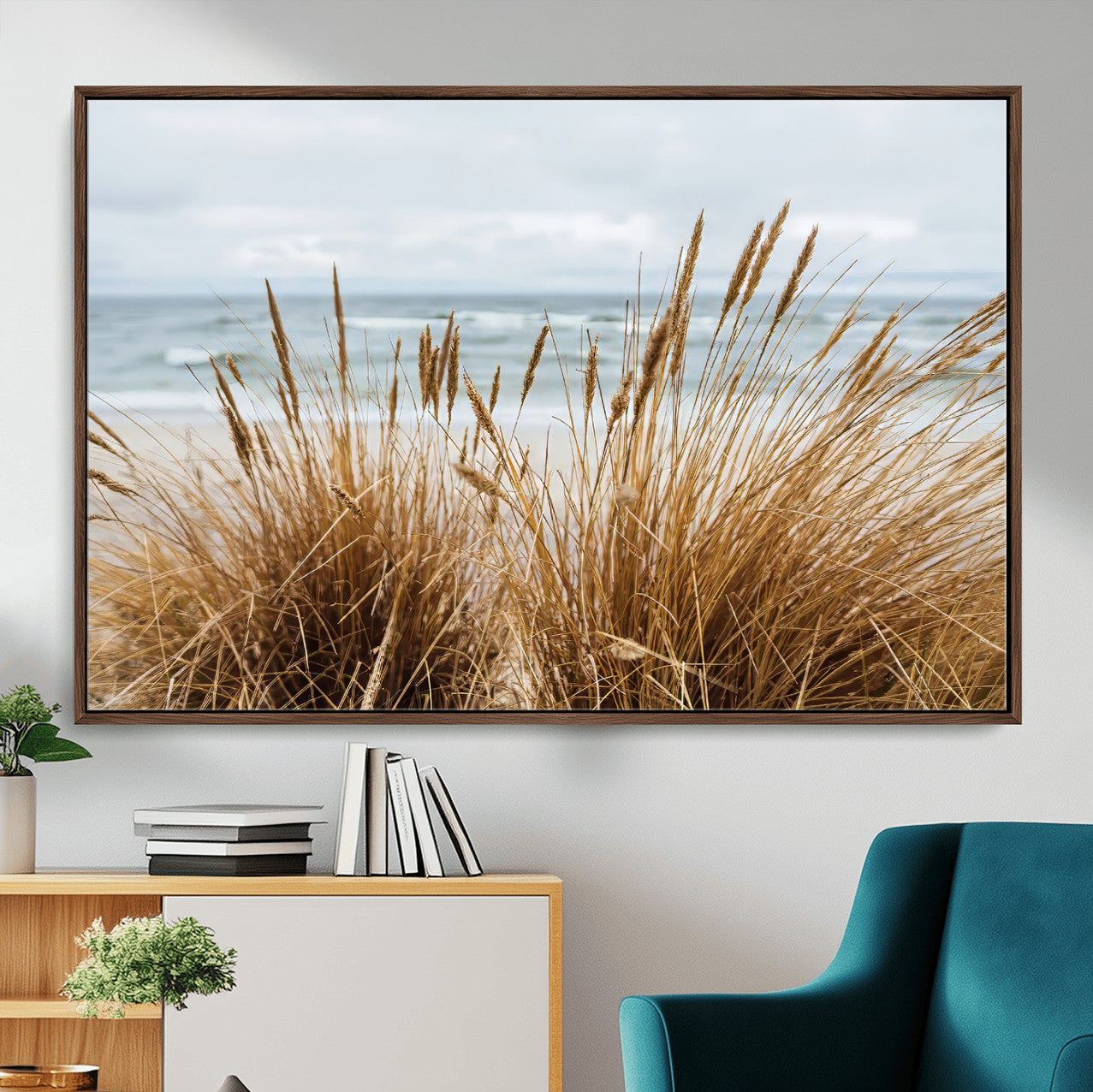 14270839-MGV-CV-36X24-Beach Grass Wall Art – Framed Coastal Dunes Canvas Artwork, Minimal Seaside Design, Modern Coastal Decor for Home, Office