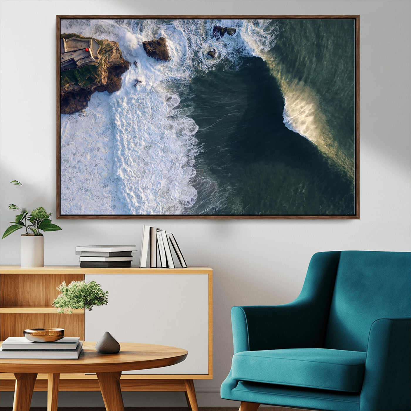 MGV-FC-36X24 - Nazaré Coast Wall Art Canvas Print, Framed Aerial Ocean Art Picture Print, Coastal Fortress Perfect Dramatic Coastal Decor Artwork