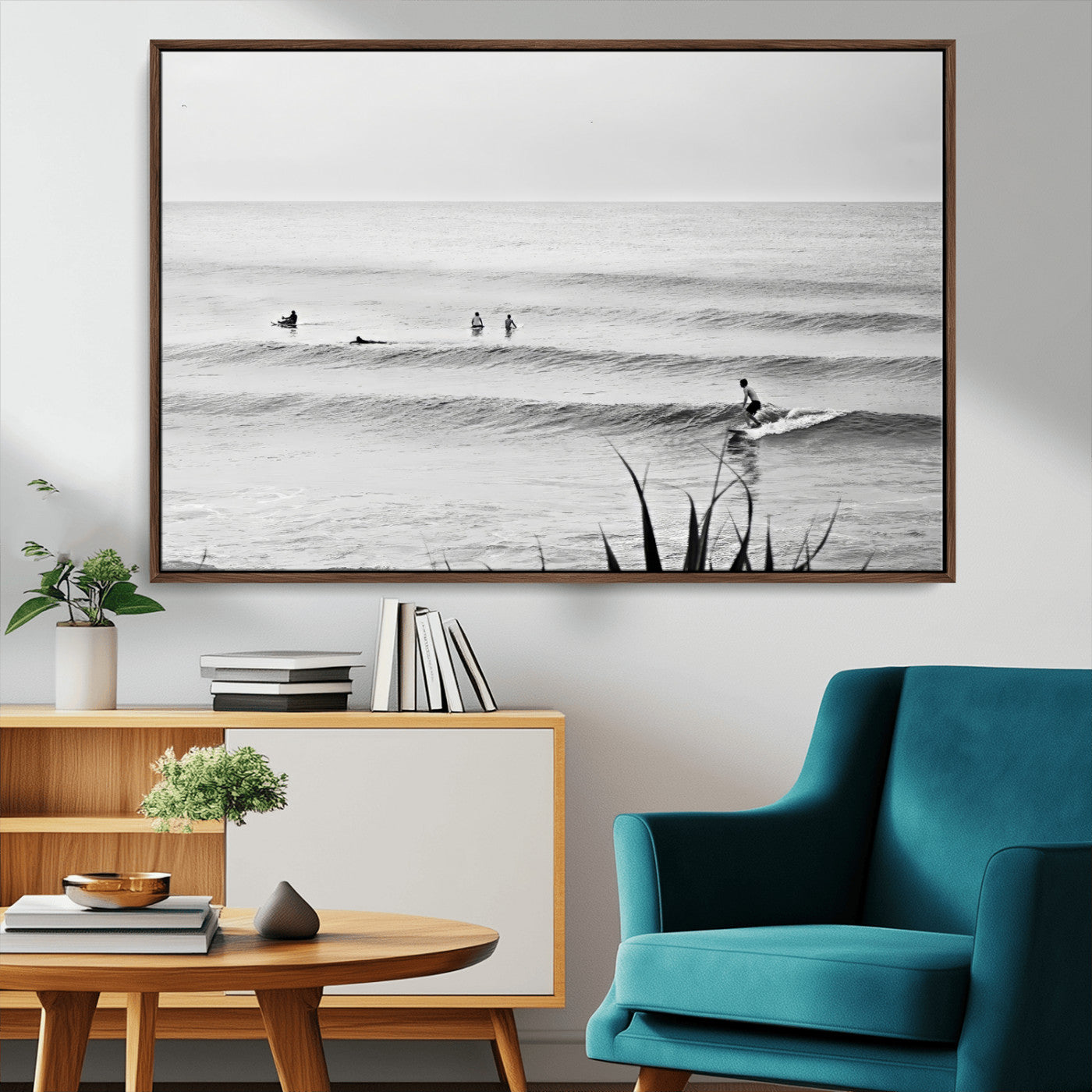 MGV-FC-36X24 - Surfer Silhouette Wall Art Canvas Print, Framed Calm Ocean Art Picture Print, Monochrome Surf Perfect Minimalist Coastal Decor Artwork