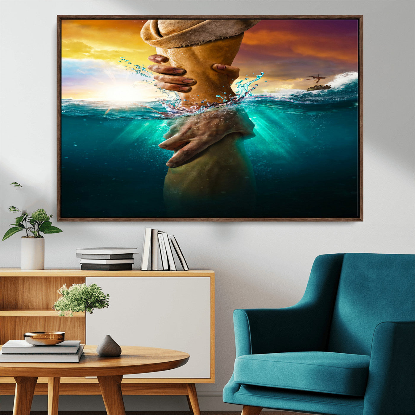 A dramatic scene of a hand reaching underwater and being lifted, symbolizing rescue and faith, ideal for spiritual or Christian wall decor.