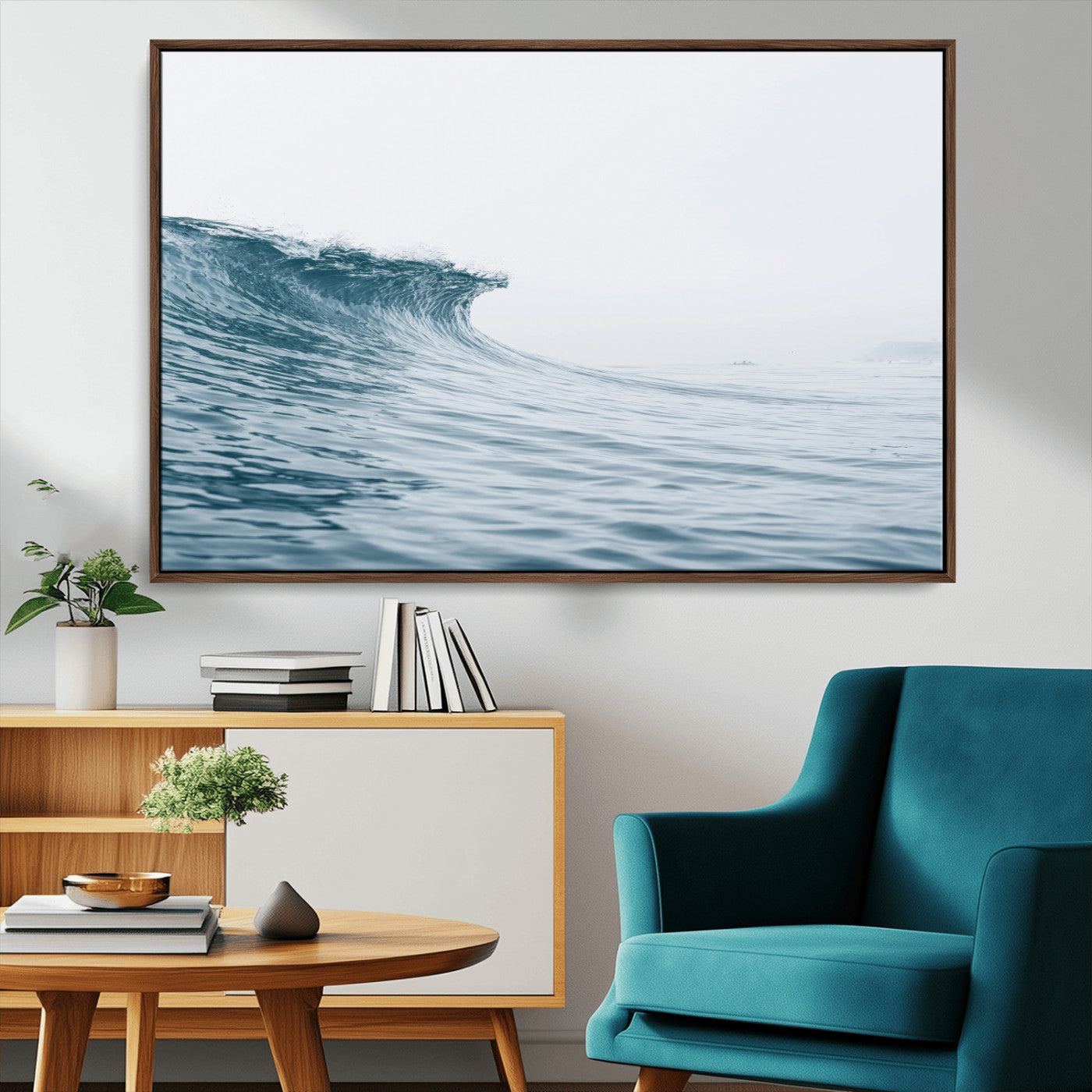 A single ocean wave curling in soft blue tones under a misty sky, ideal for coastal or minimalist home wall decor.