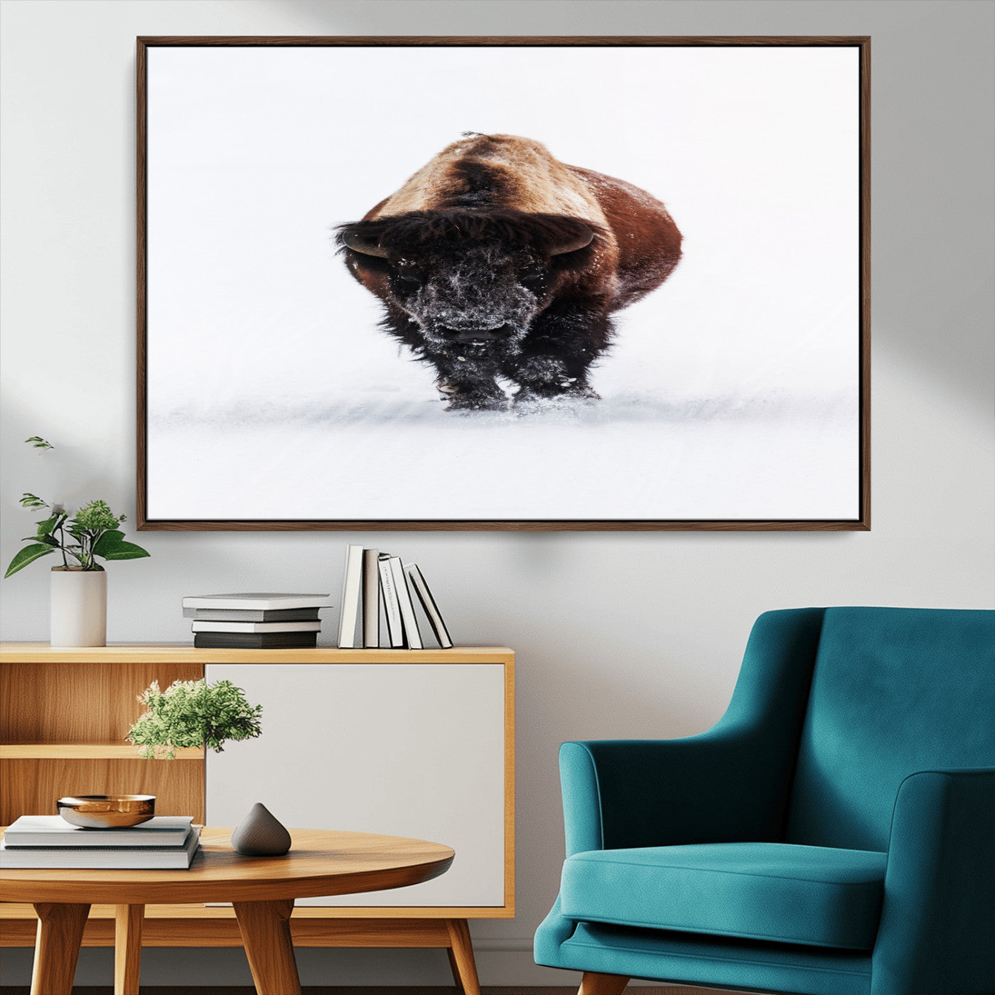 Front view of a strong bison walking in deep snow, isolated white background, perfect for rustic or lodge-style home decor.