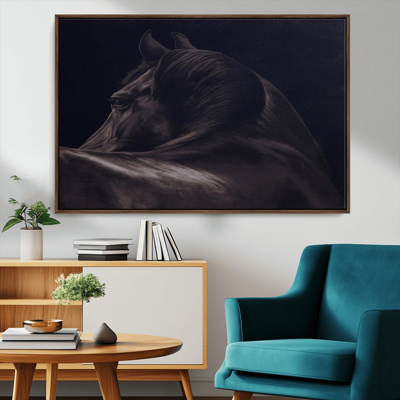 Moody black horse portrait with dramatic lighting on dark background, ideal for rustic, modern or Western style home decor.