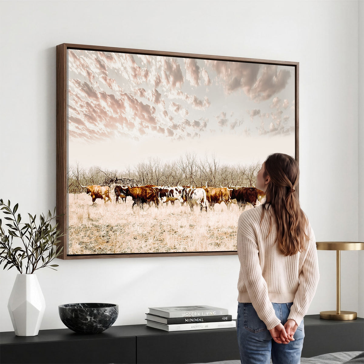 64892775-MGV-CV-24X16 - Longhorn Cattle Wall Art Canvas Print, Framed Texas Ranch Art, Western Cow Print, Prairie Landscape Decor
