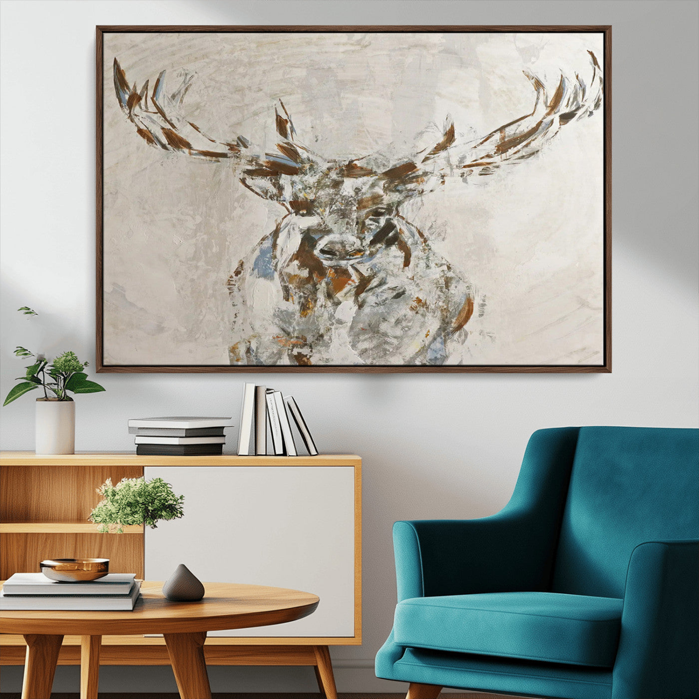 Abstract painting of a deer with antlers in neutral earth tones, ideal for modern rustic or lodge-style living room wall decor.