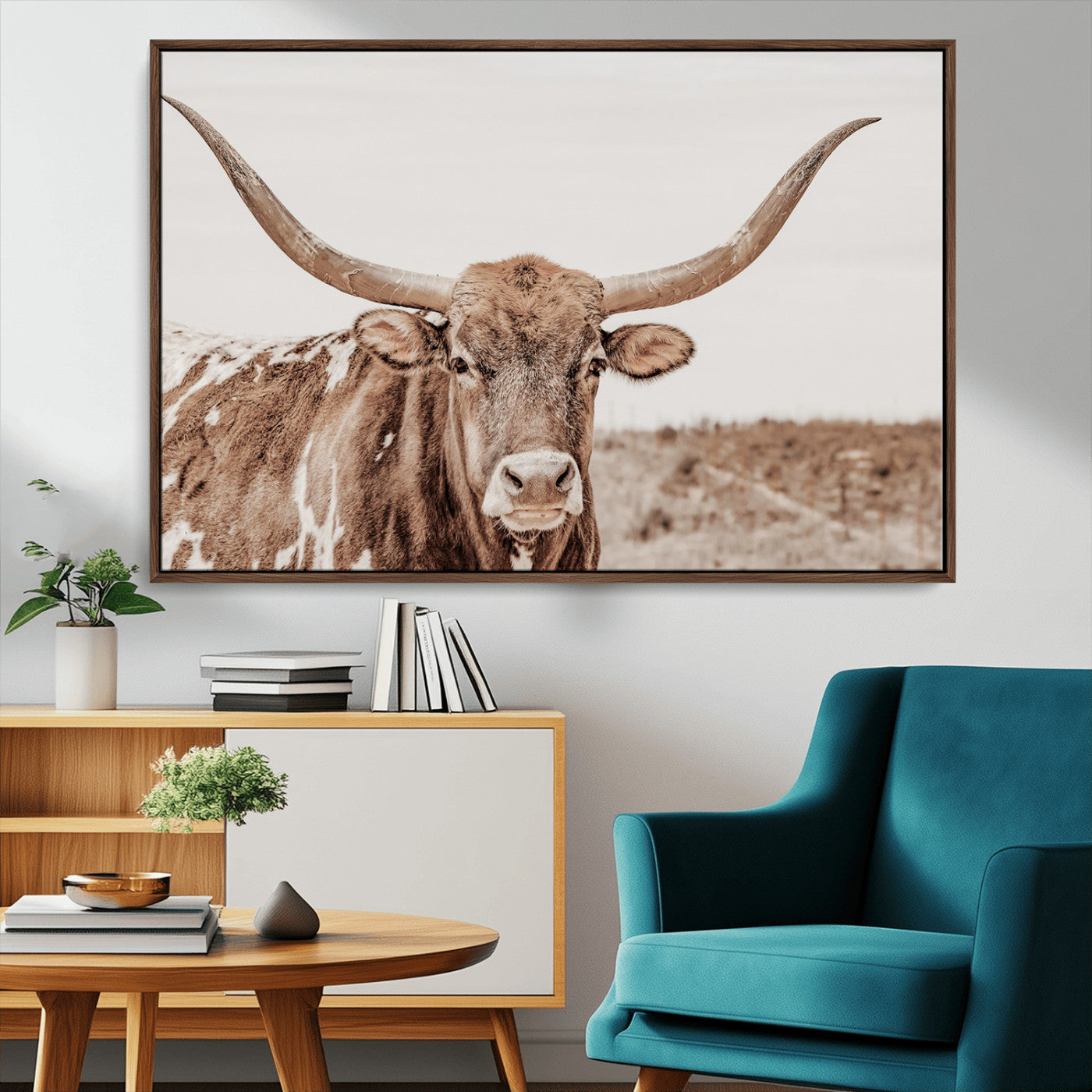 MGV-FC-36X24 - Longhorn Cow Wall Art Canvas Print, Framed Texas Ranch Art Picture Print, Western Bull Perfect County Decor Artwork