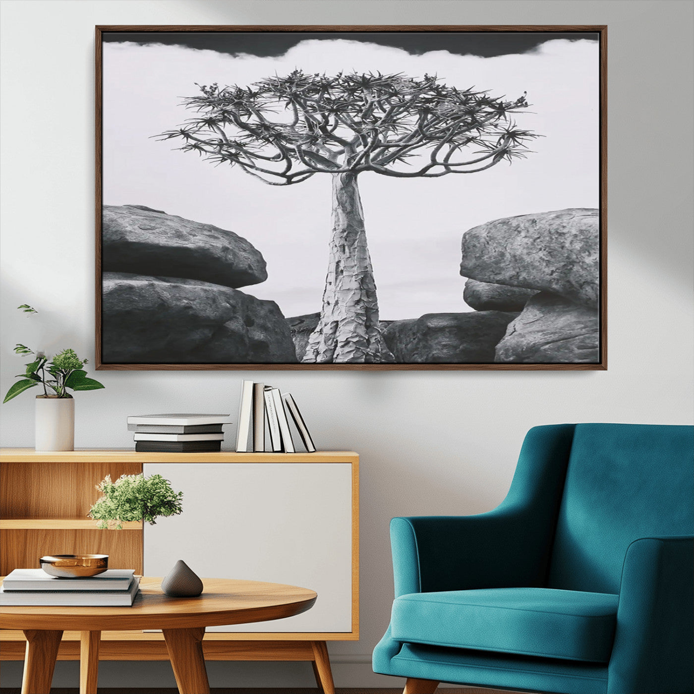 Black and white Joshua tree with bold rocky background, ideal for minimalist or desert-inspired home wall decoration.