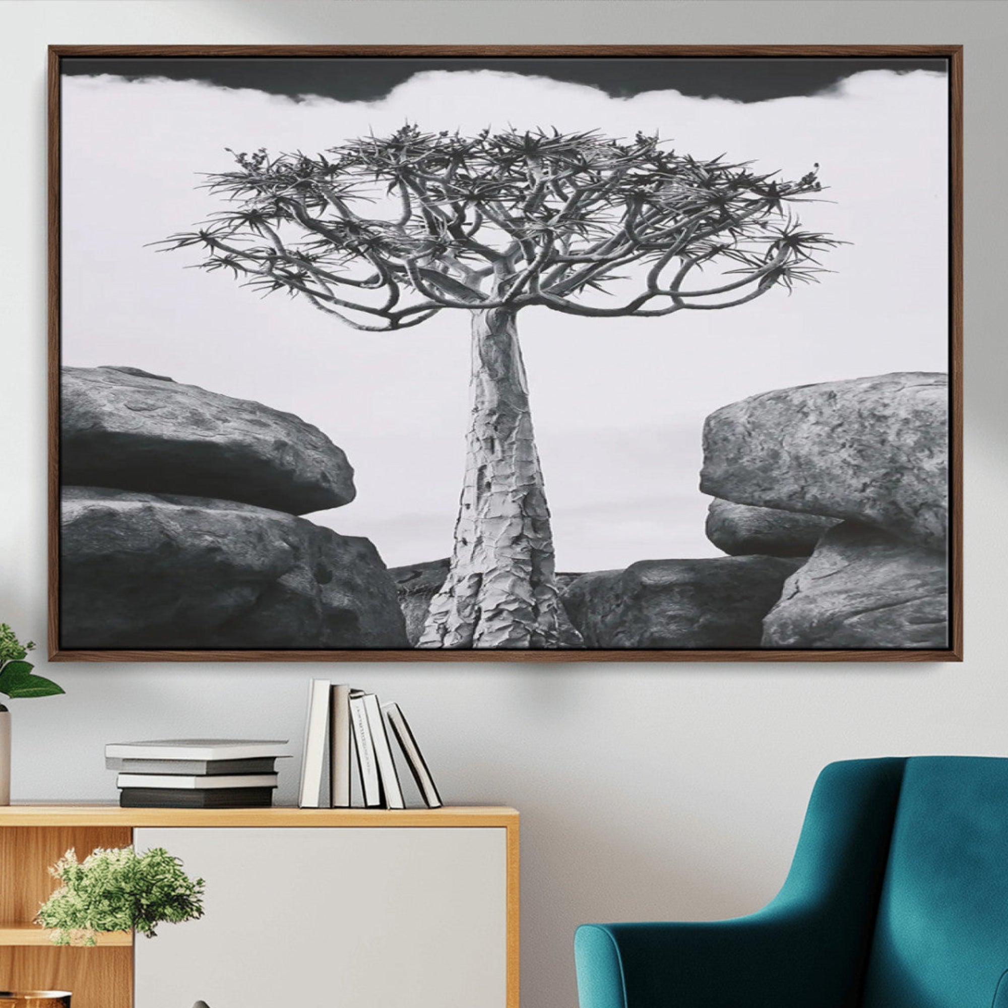 87750525-MGV-CV-36X24-Joshua Tree Wall Art Canvas Print – Framed Desert Tree Art Picture Monochrome Nature Artwork for Home, Office