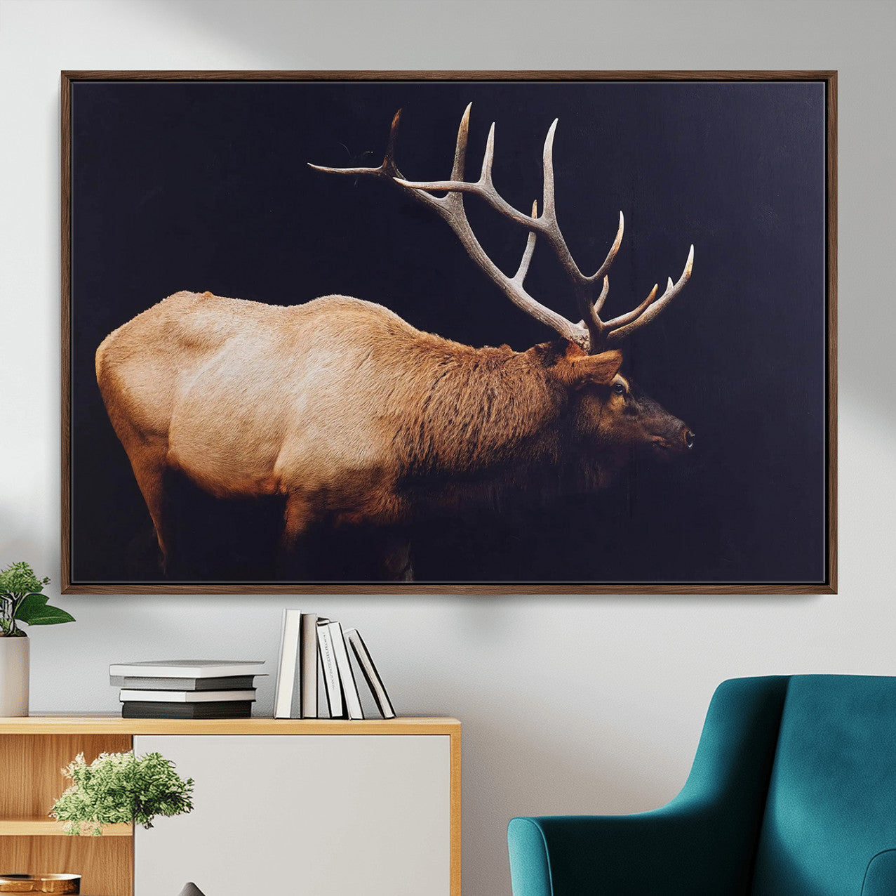 89239257-MGV-FC-36X24 - Rustic Elk Wall Art Canvas Print – Framed Moody Wildlife Art Picture Western Animal Artwork for Home, Office