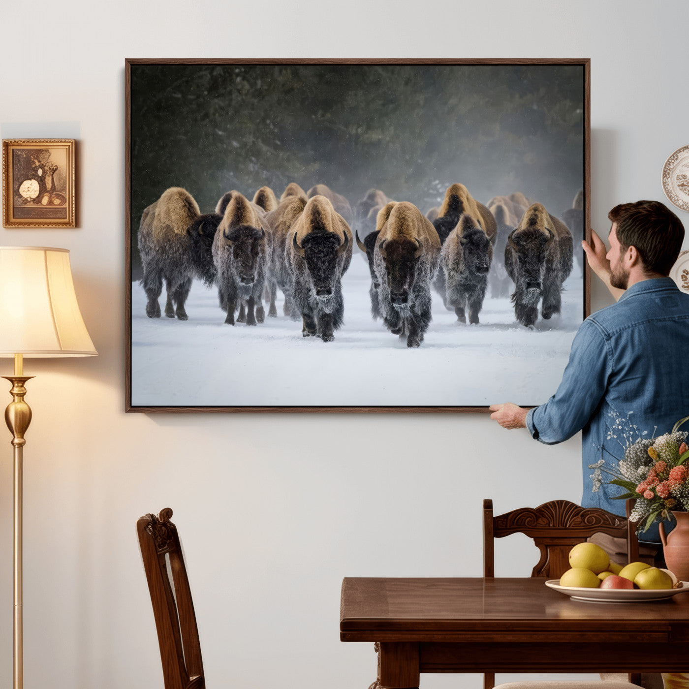 41669135-MGV-CV-36X24 - Winter Bison Herd Wall Art – Majestic Buffalo Charge Canvas Print with Snow Covered Plains, Rustic Wildlife Strength and Untamed Nature Decor for Home and Office