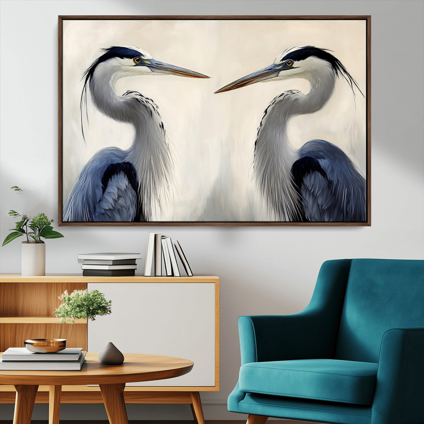 MGV-FC-36X24 - Blue Heron Pair Wall Art Canvas Print, Framed Coastal Bird Theme Art Picture Print, Tranquil Wildlife Scene Perfect Coastal Minimalist Decor Artwork