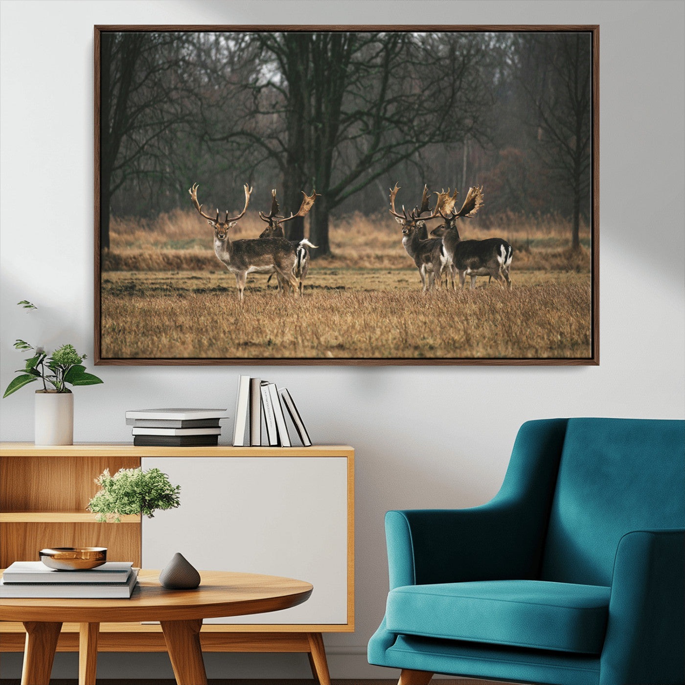MGV-FC-36X24 - Deer Photography Wall Art Canvas Print, Framed Rustic Wildlife Art Picture Print, Stags In Forest Perfect Rustic Wilderness Decor Artwork