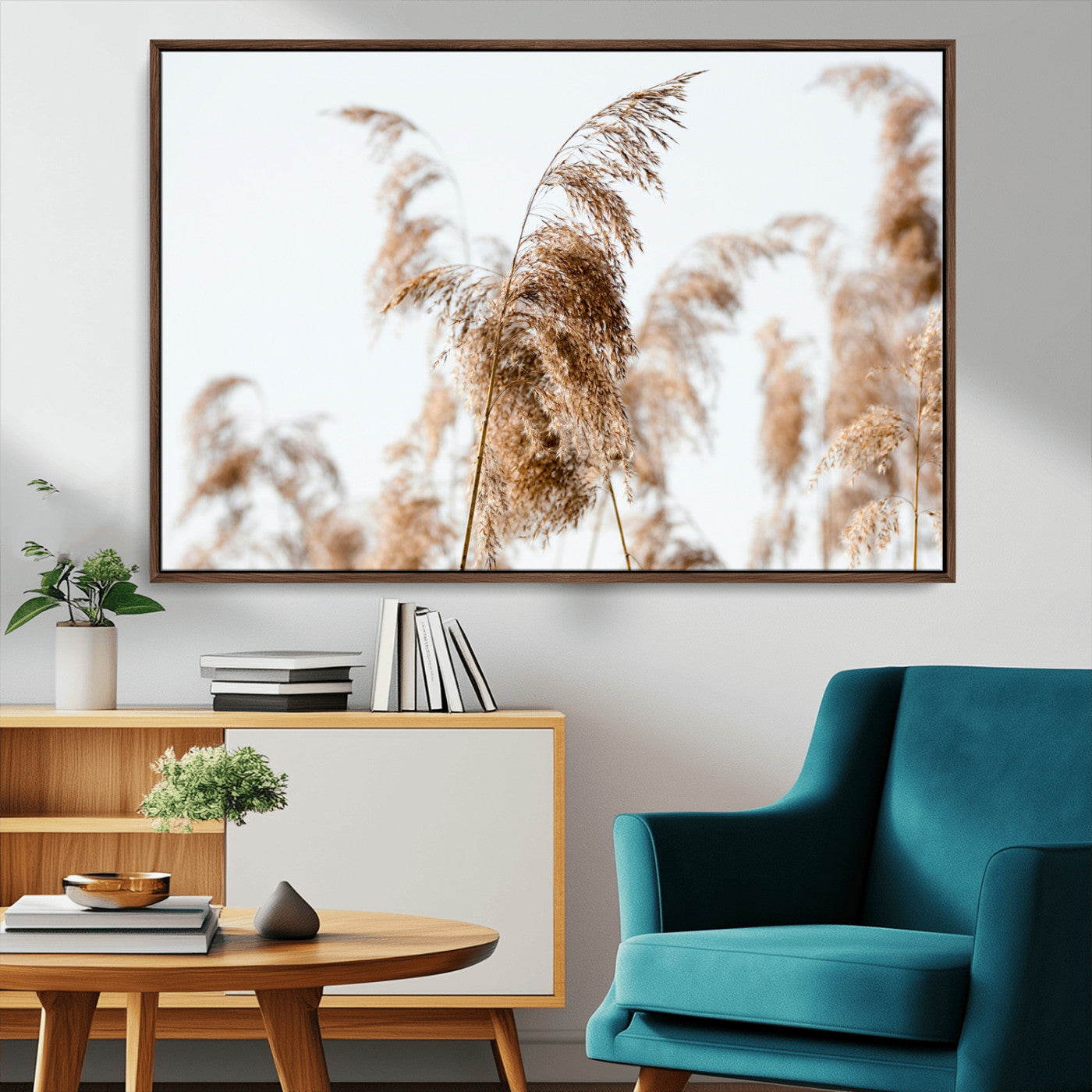 MGV-FC-36X24 - Pampas Grass Wall Art Canvas Print, Framed Neutral Tones Art Picture Print, Minimalist Nature Perfect Boho Decor Artwork