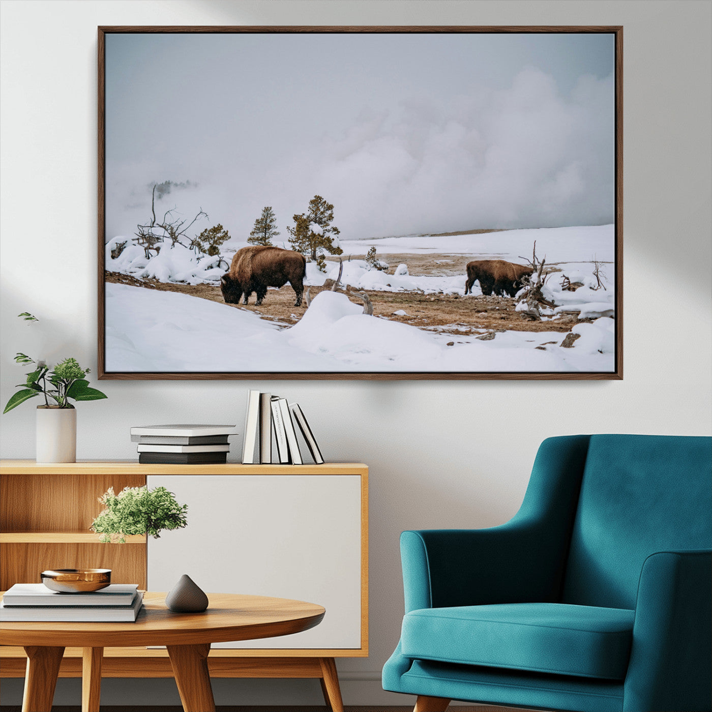 MGV-FC-36X24 - Bison Wildlife Wall Art Canvas Print, Framed Snowy Prairie Art Picture Print, Western Perfect Rustic Decor Artwork