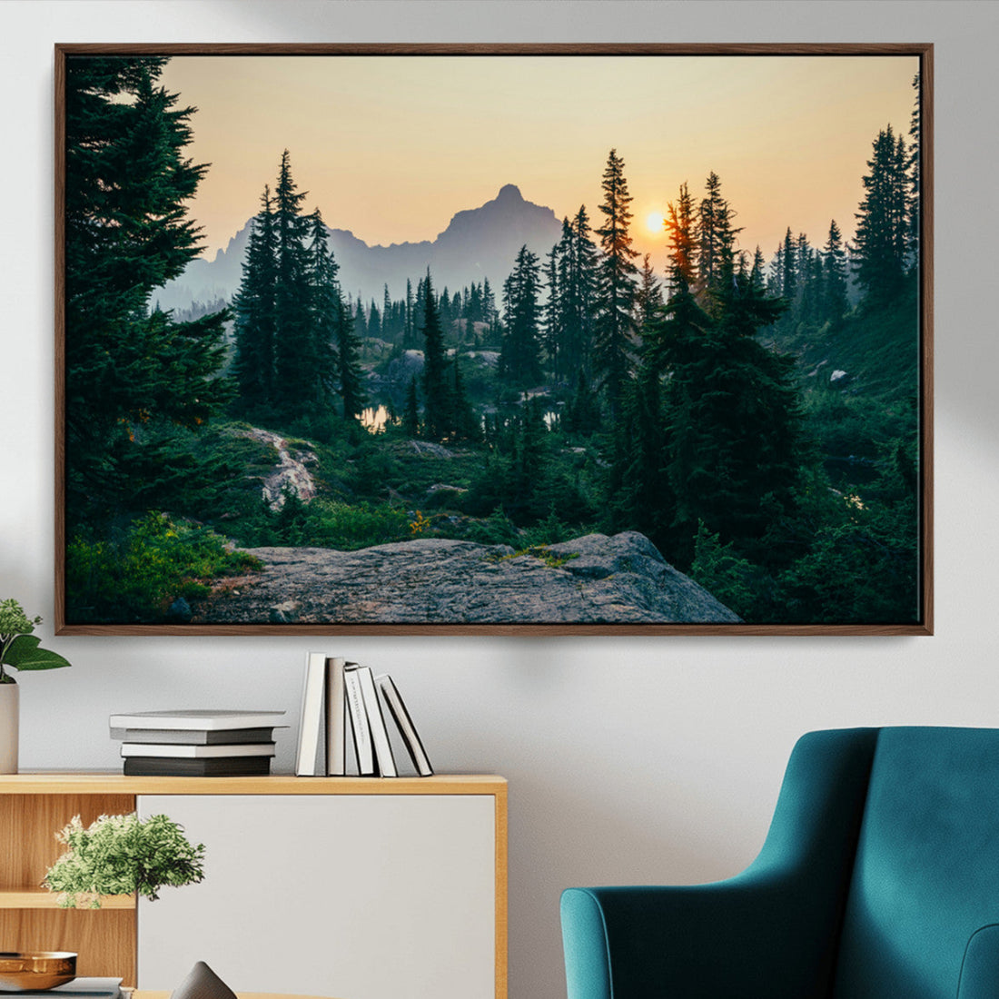 Mountain Wall Art Canvas Print, Framed Forest Serenity Golden Hour