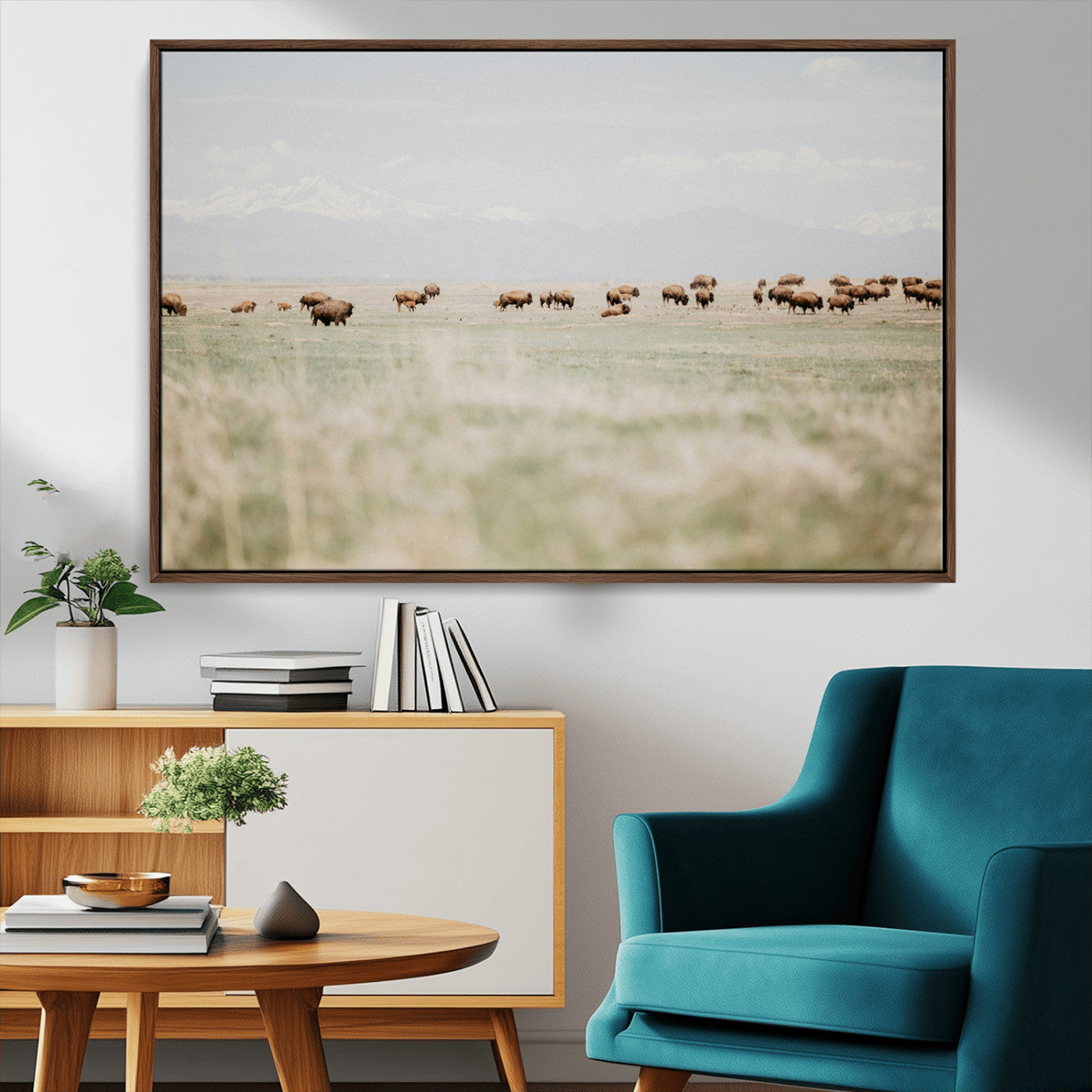 MGV-FC-36X24 - Bison Herd Wall Art Canvas Print, Framed Western Art Picture Print, Bison Perfect Ranch Decor Artwork