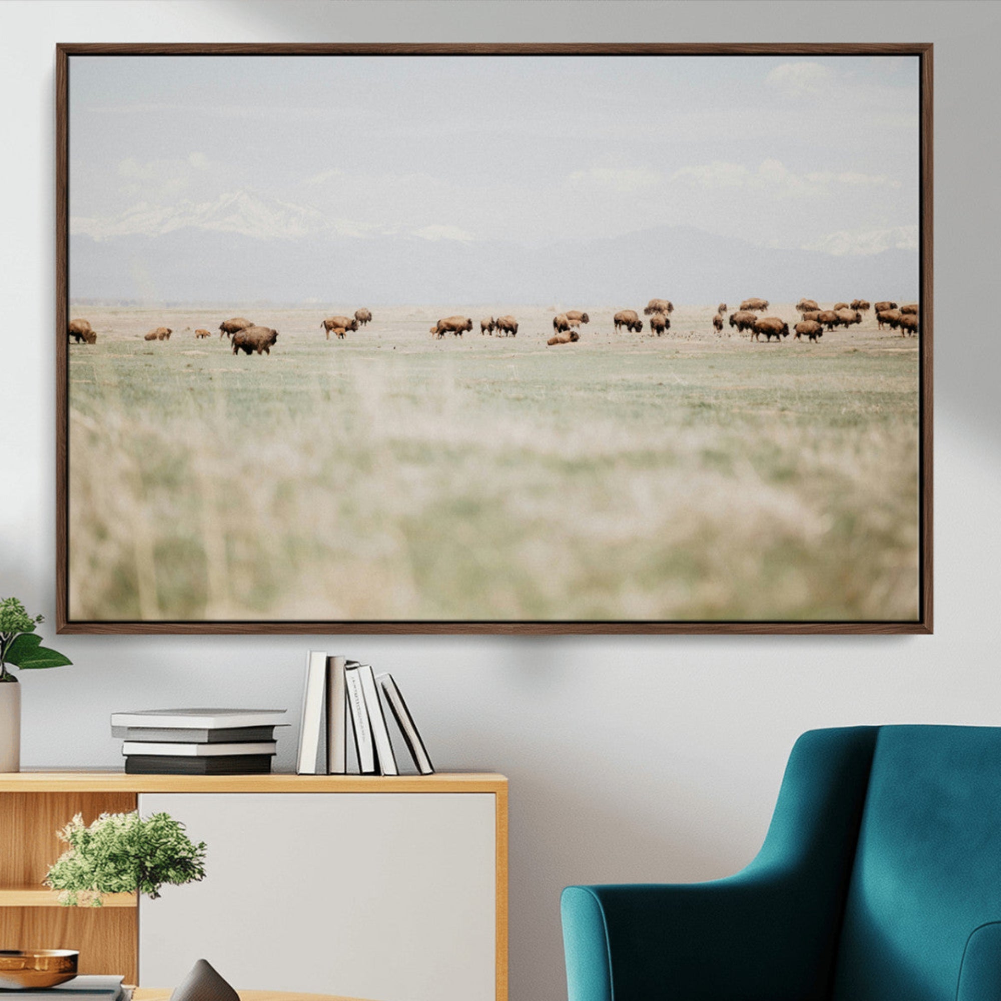 -Bison Herd Wall Art Canvas Print – Framed Western Bison Ranch Nature Scene Artwork for Home, Office, Living Room