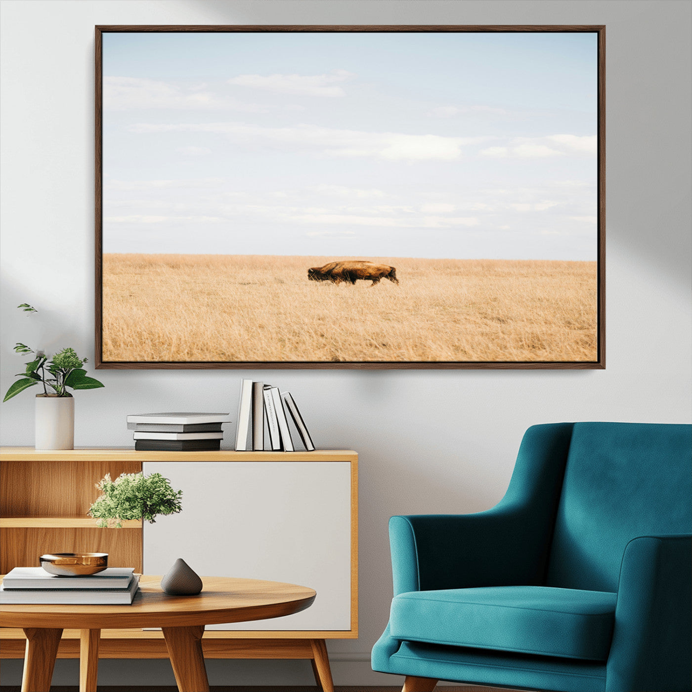 MGV-FC-36X24 - Minimalist Nature Wall Art Canvas Print, Framed Bison In Grassland Art Picture Print, Open Field Perfect Modern Ranch Decor Decor Artwork