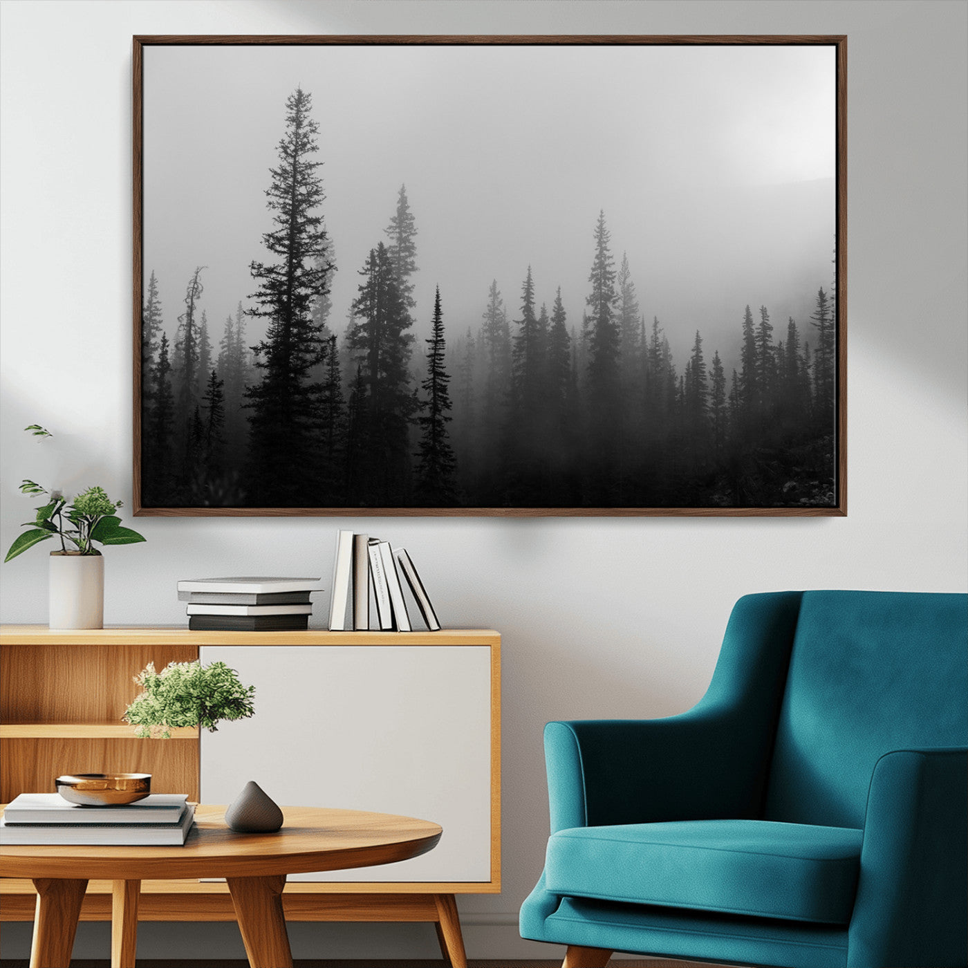 MGV-FC-36X24 - Misty Pines Wall Art Canvas Print, Framed Woodland Photography Art Picture Print, Minimalist Decor Perfect Rustic Decor Artwork