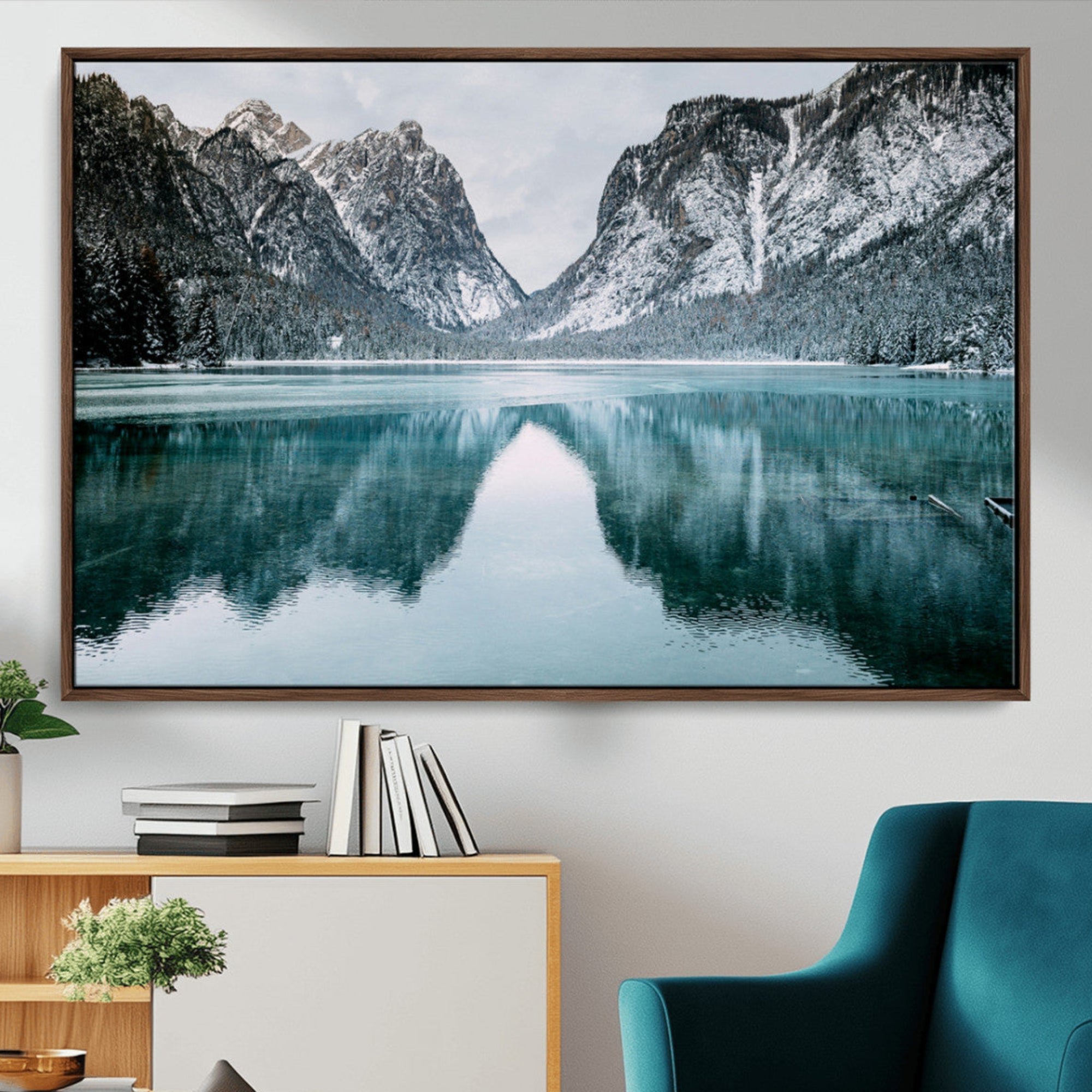 73098373-MGV-CV-36X24-Mountain Lake Wall Art Canvas Print – Framed Snowy Peaks Wonderland Nature Scene Artwork for Home Office