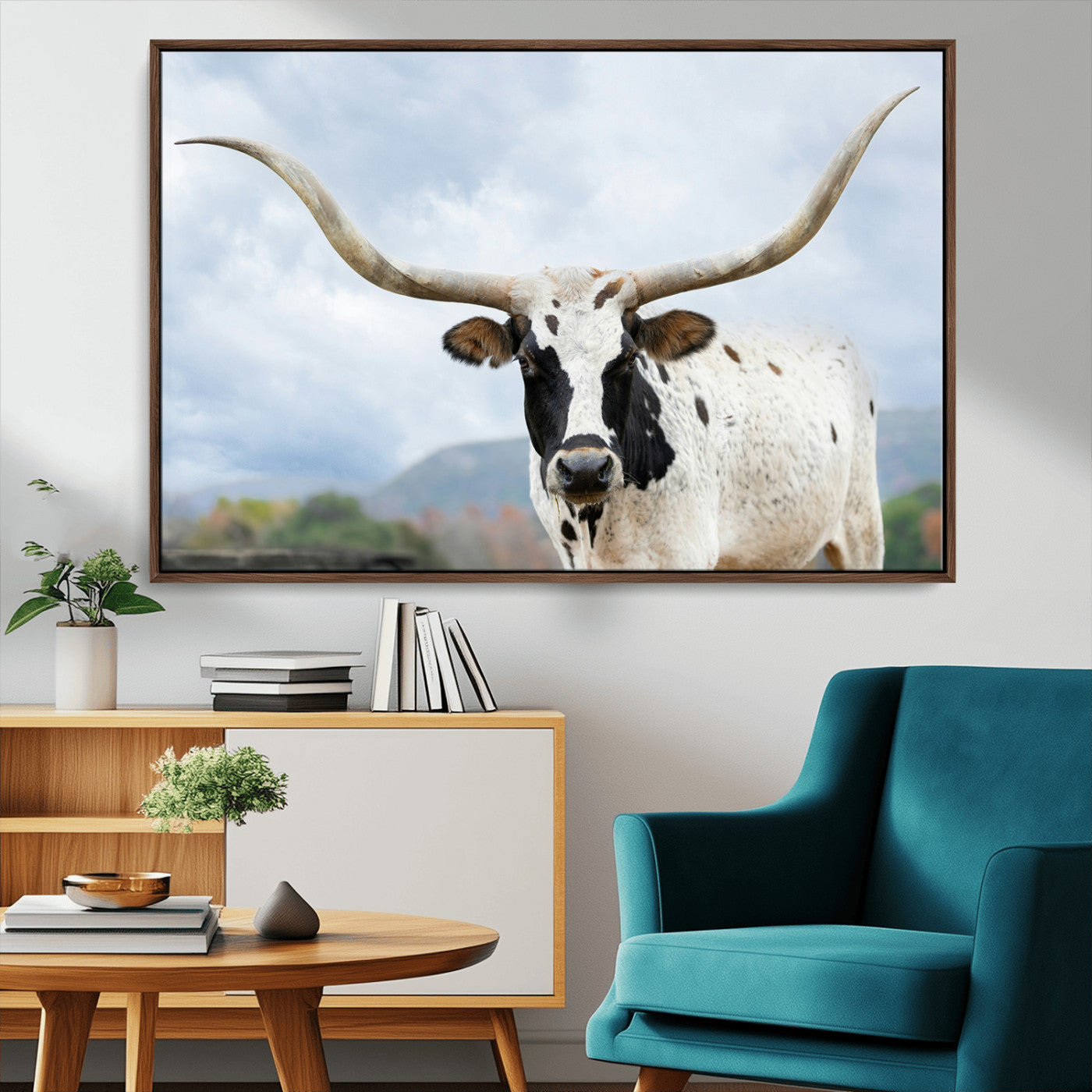 MGV-FC-36X24 - Texas Longhorn Wall Art Canvas Print, Framed Western Rustic Art Picture Print, Farmhouse Decor Perfect Farmhouse Decor Artwork