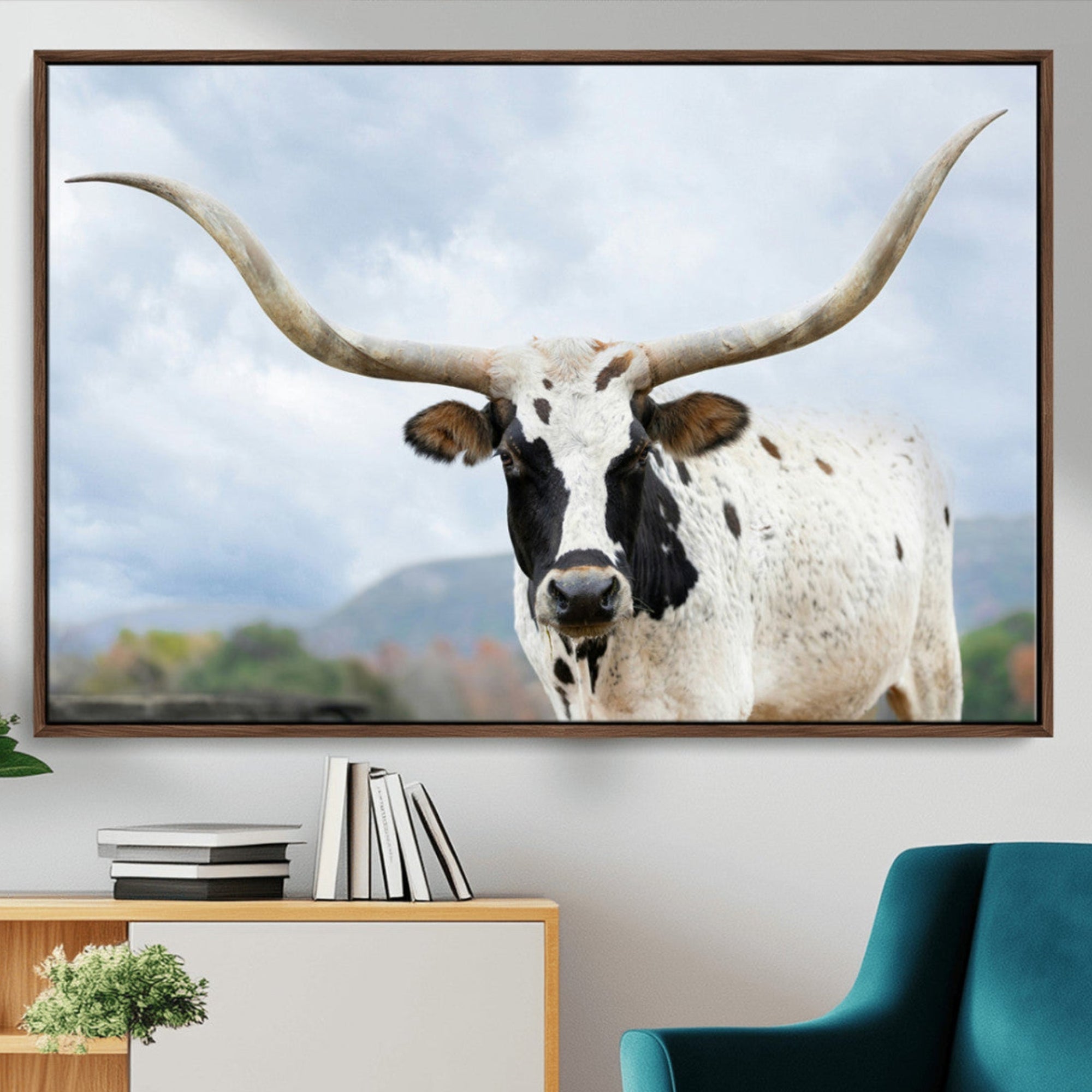 -Texas Longhorn Wall Art Canvas Print – Framed Western Rustic Farmhouse Nature Scene Artwork for Home Office