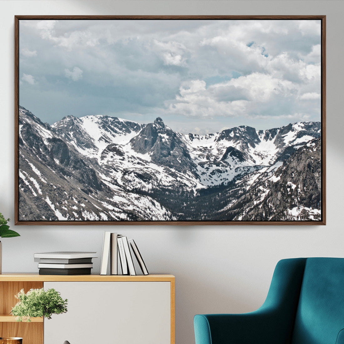 Snowy Peaks Wall Art Canvas Print, Framed Alpine Wilderness Art, Mountain Escape Winter Decor