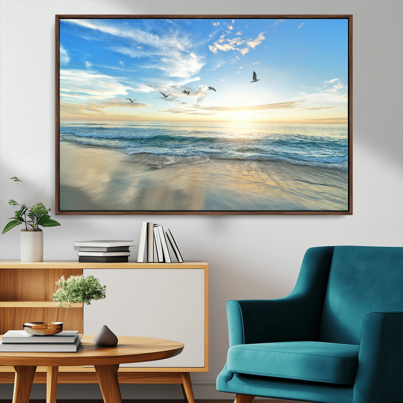 MGV-FC-36X24 - Minimalist Seaside Wall Art Canvas Print, Framed Morning Glow Art Picture Print, Golden Reflections Perfect Coastal Minimalist Decor Artwork