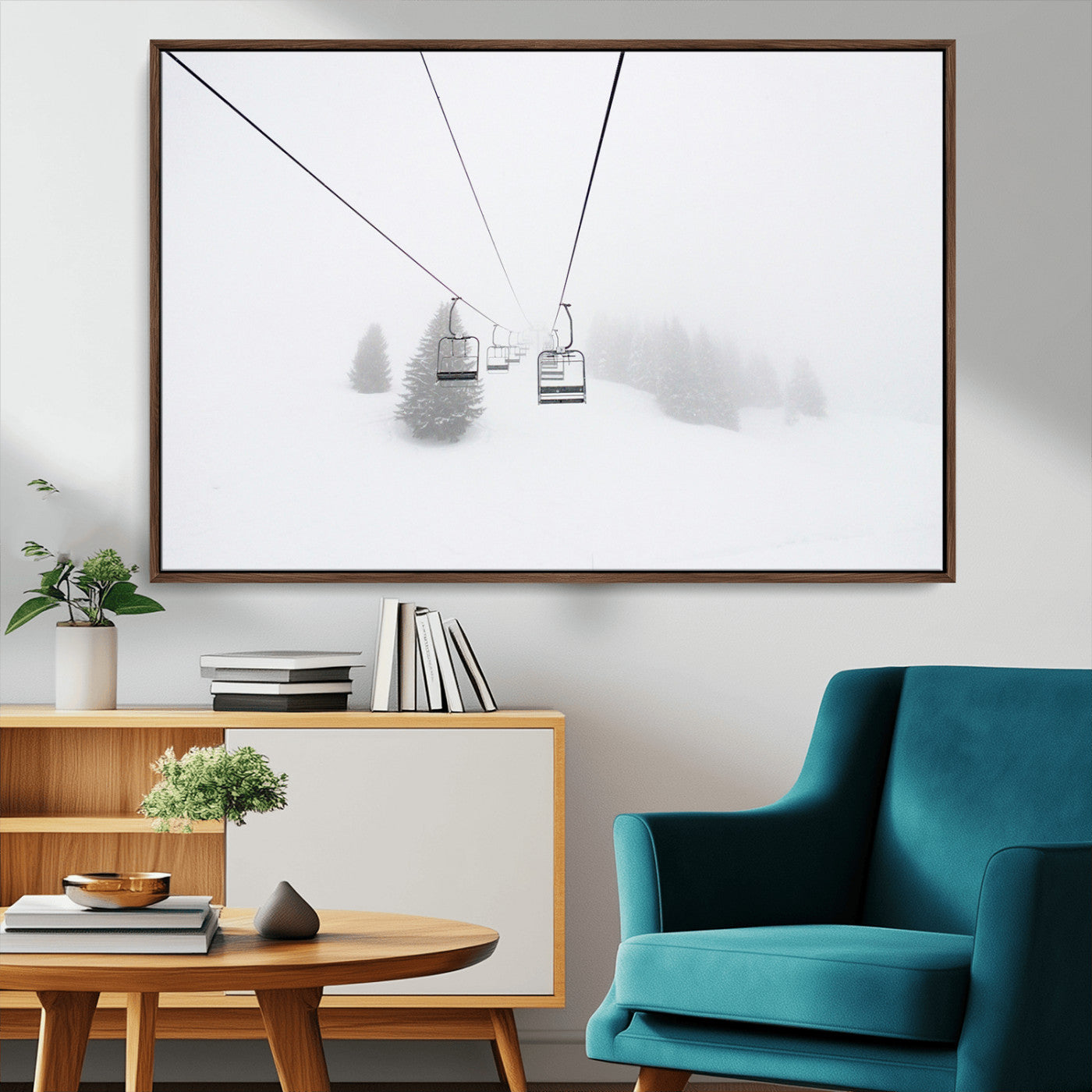 MGV-FC-36X24 - Ski Lift Wall Art Canvas Print, Framed Snowy Landscape Art Picture Print, Alpine Adventure Perfect Nordic Minimalist Decor Artwork