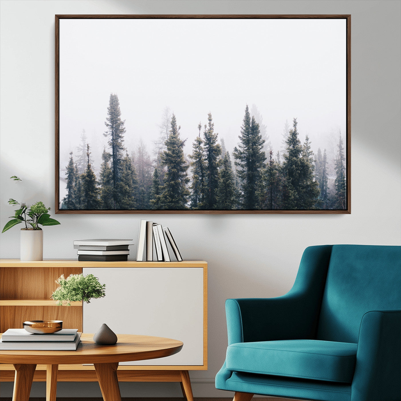 MGV-FC-36X24 - Foggy Forest Wall Art Canvas Print, Framed Misty Pines Art Picture Print, Moody Woodland Perfect Scandinavian Minimalist Decor Artwork