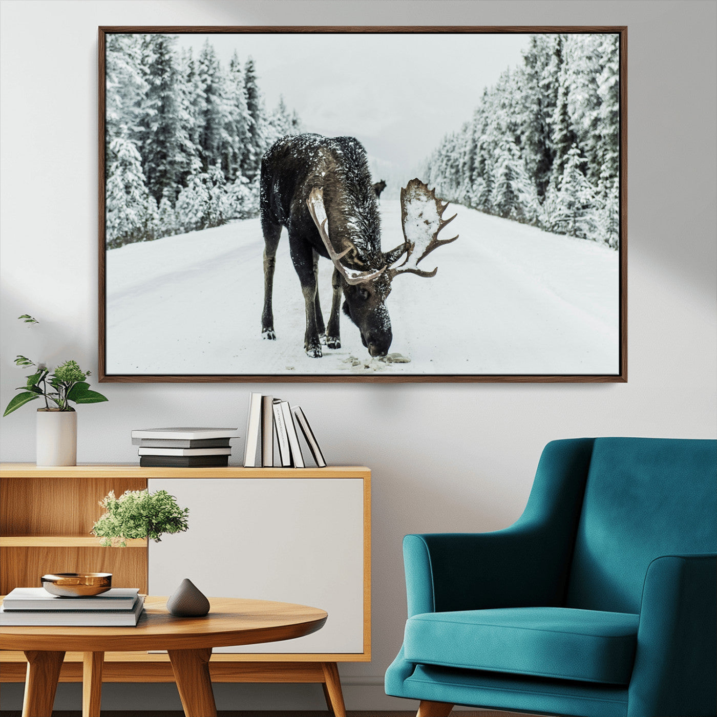 MGV-FC-36X24 - Moose in Snow Wall Art Canvas Print, Framed Winter Wildlife Art Picture Print, Snowy Forest Scene Perfect Rustic Lodge Decor Artwork