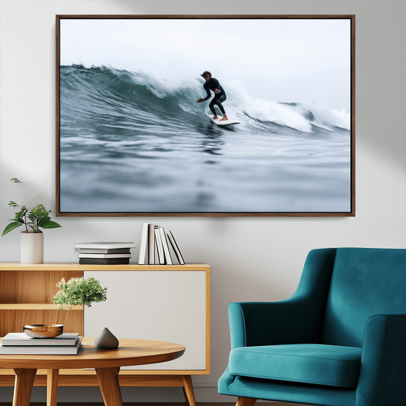 MGV-FC-36X24 - Surfer on Wave Wall Art Canvas Print, Framed Ocean Adventure Art Picture Print, Motion Blur Water Perfect Coastal Adventure Decor Artwork