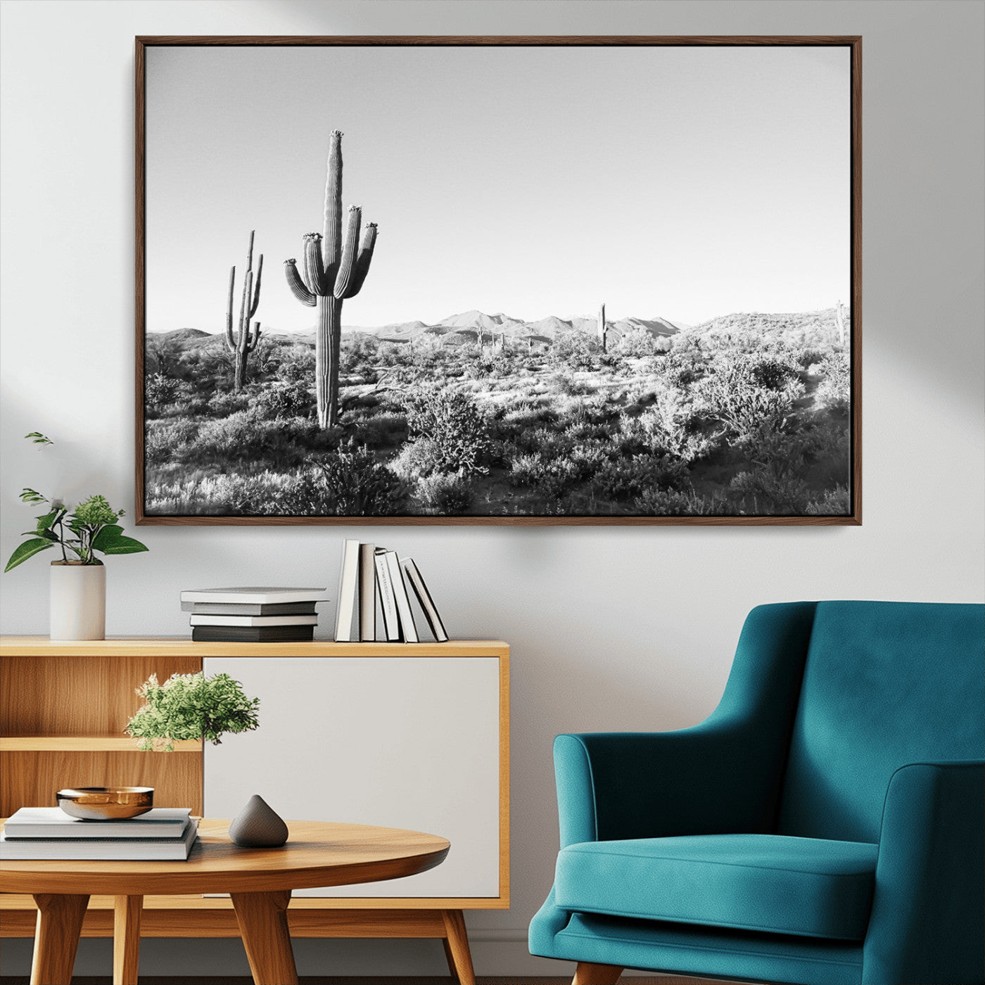 MGV-FC-36X24 - Saguaro Cactus Wall Art Canvas Print, Framed Monochrome Landscape Art Picture Print, Scenic Arizona View Perfect Minimalist Western Decor Artwork