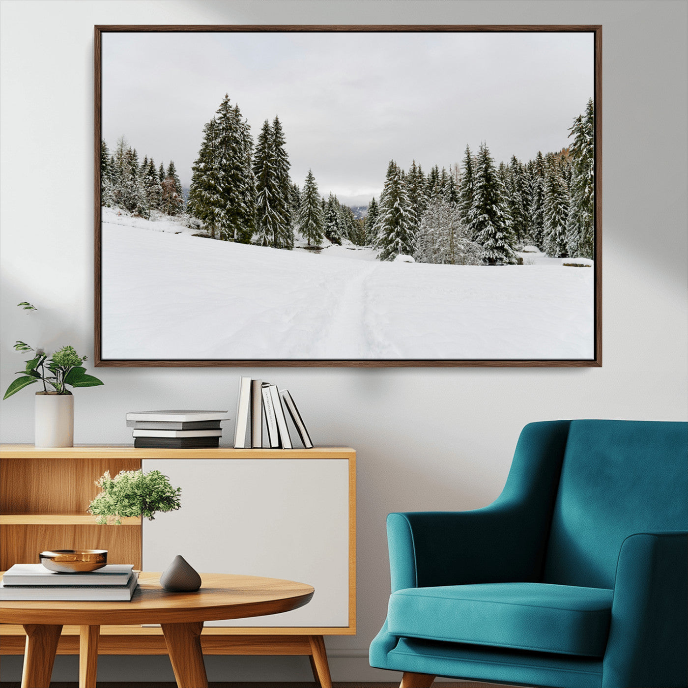 MGV-FC-36X24 - Frosty Pines Wall Art Canvas Print, Framed Silent Snowfall Art Picture Print, Cozy Cabin Vibes Perfect Nordic Minimalist Decor Artwork