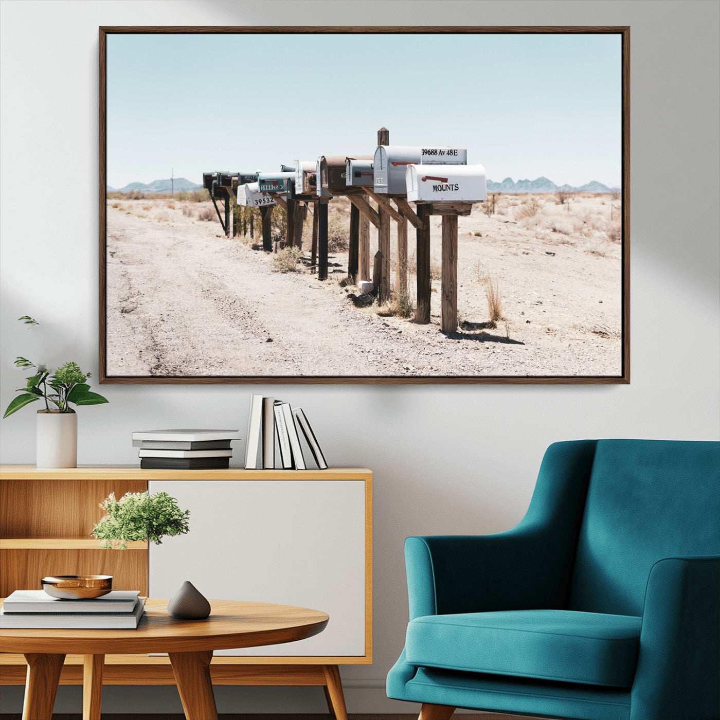 MGV-FC-36X24 - Desert Mailboxes Canvas Print – Minimal Western Landscape Photography, Rustic Americana Wall Art for