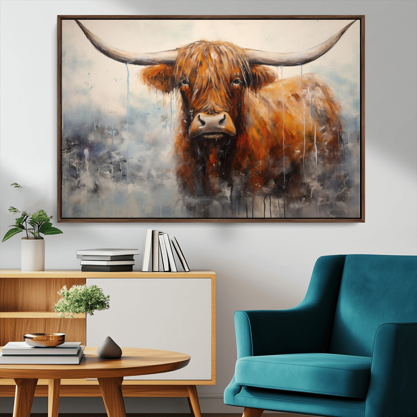 MGV-FC-36X24 - Scottish Highland Wall Art Canvas Print, Framed Longhorn Art Picture Print, Western Cow Perfect Farmhouse Decor Artwork