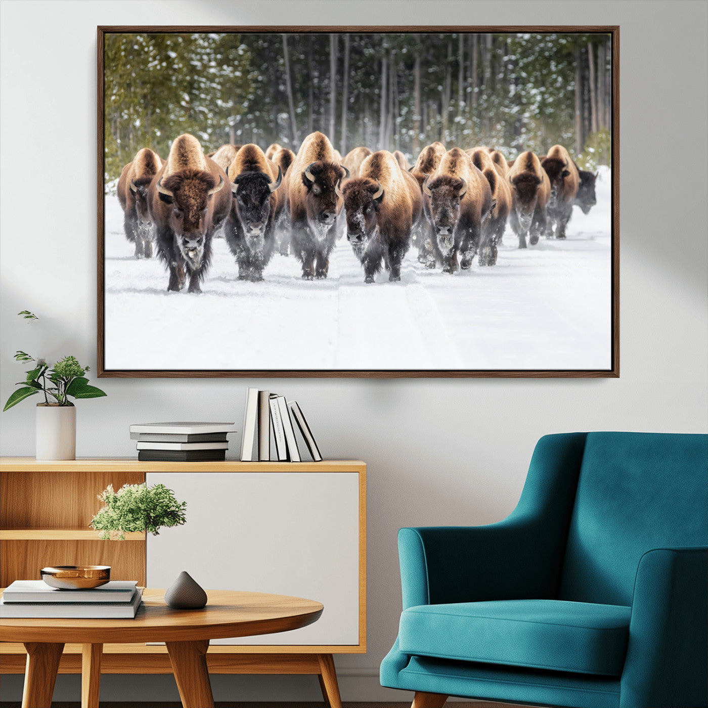 MGV-FC-36X24 - American Bison Herd in Snow Wall Art Canvas Print – Powerful Winter Wildlife Scene with Buffalo in