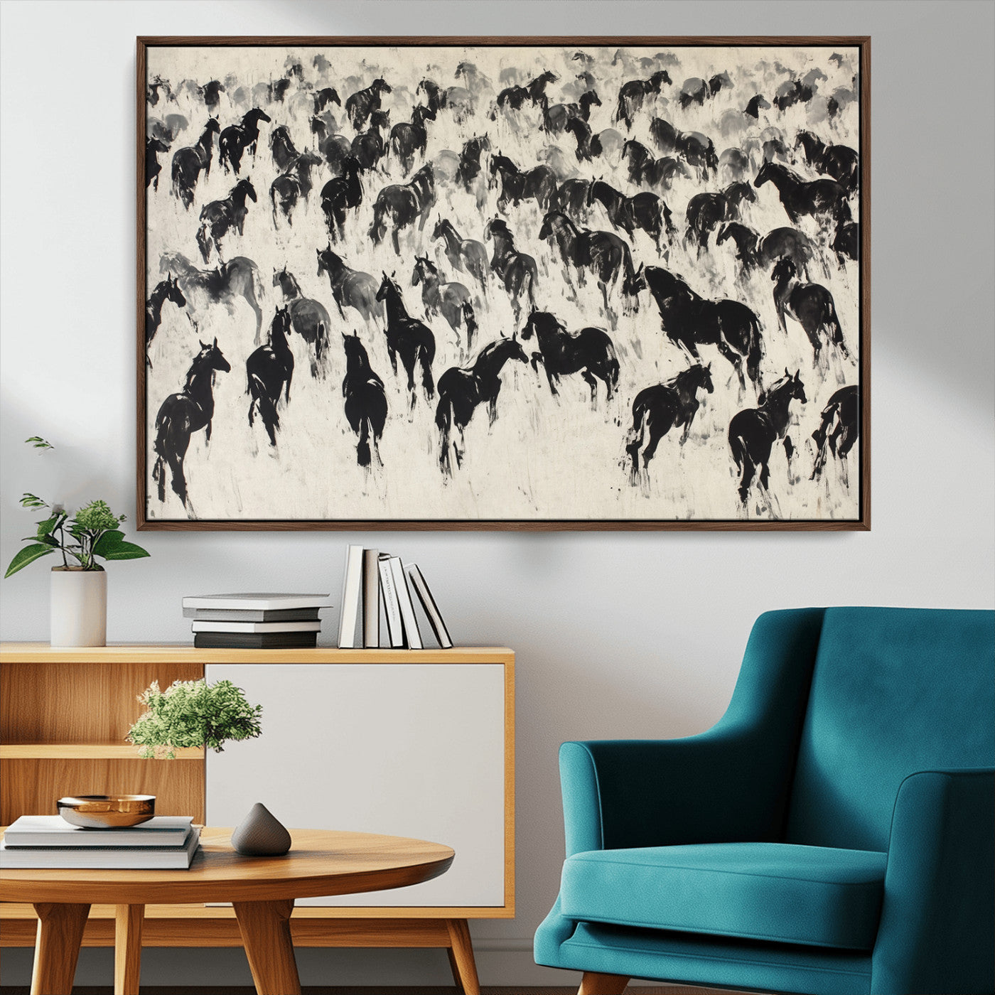 MGV-FC-36X24 - Wild Horse Stampede Wall Art Canvas Print – Monochrome Ink Brush Painting of Running Horses, Perfect