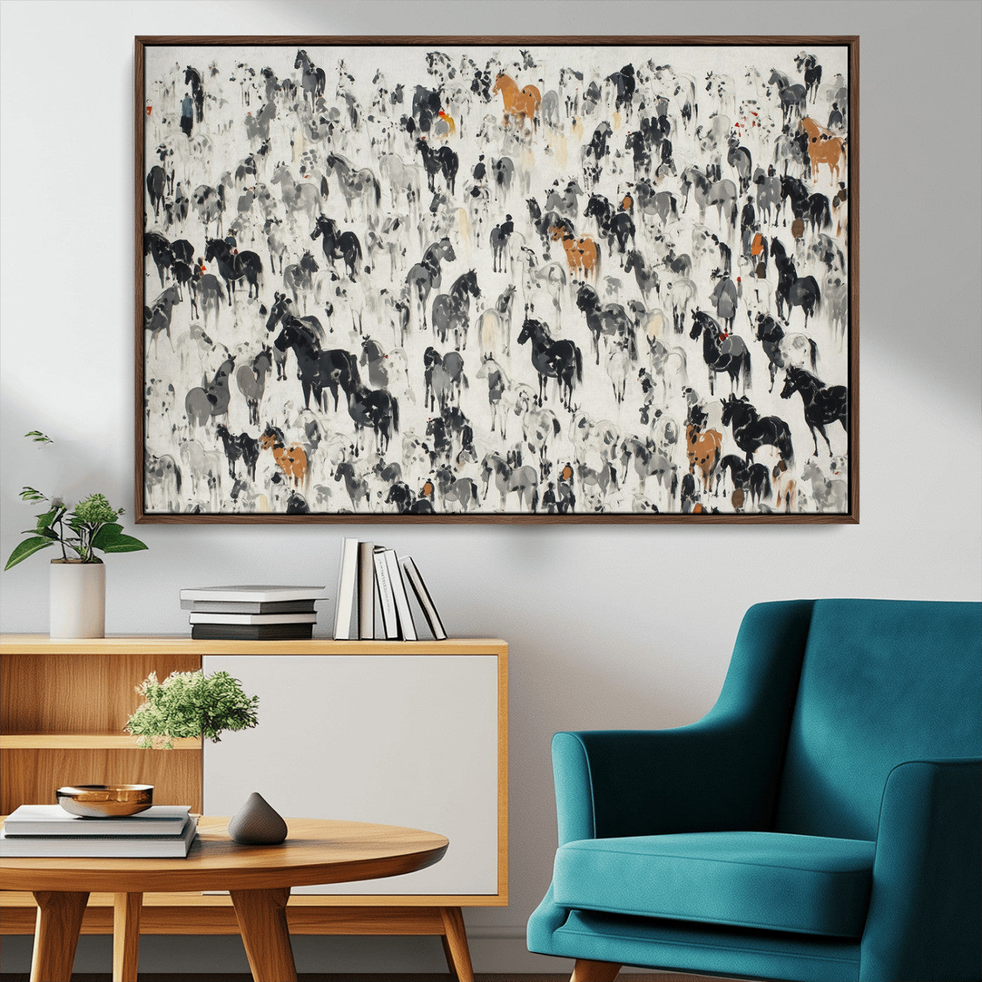 MGV-FC-36X24 - Wild Horse Stampede Wall Art Canvas Print – Monochrome Ink Brush Painting of Running Horses, Perfect