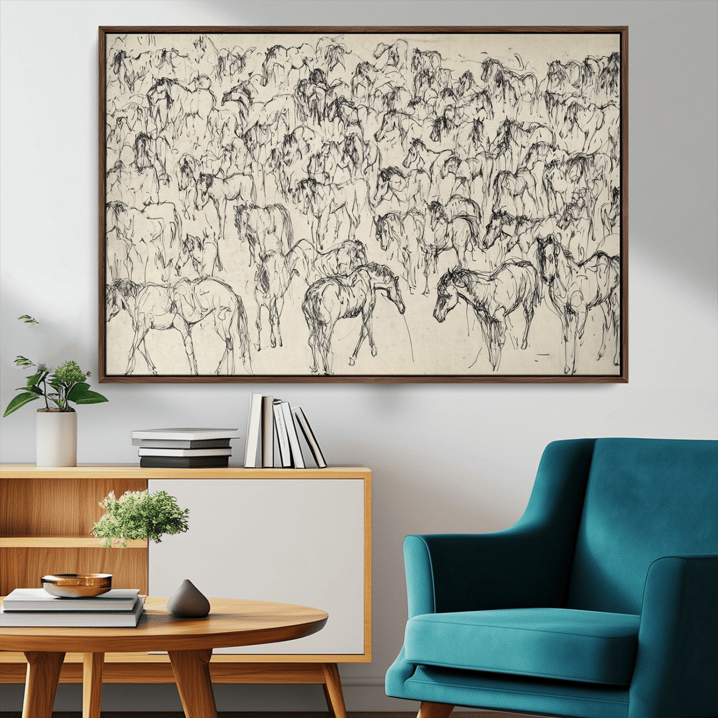 MGV-FC-36X24 - Wild Horse Stampede Wall Art Canvas Print – Monochrome Ink Brush Painting of Running Horses, Perfect