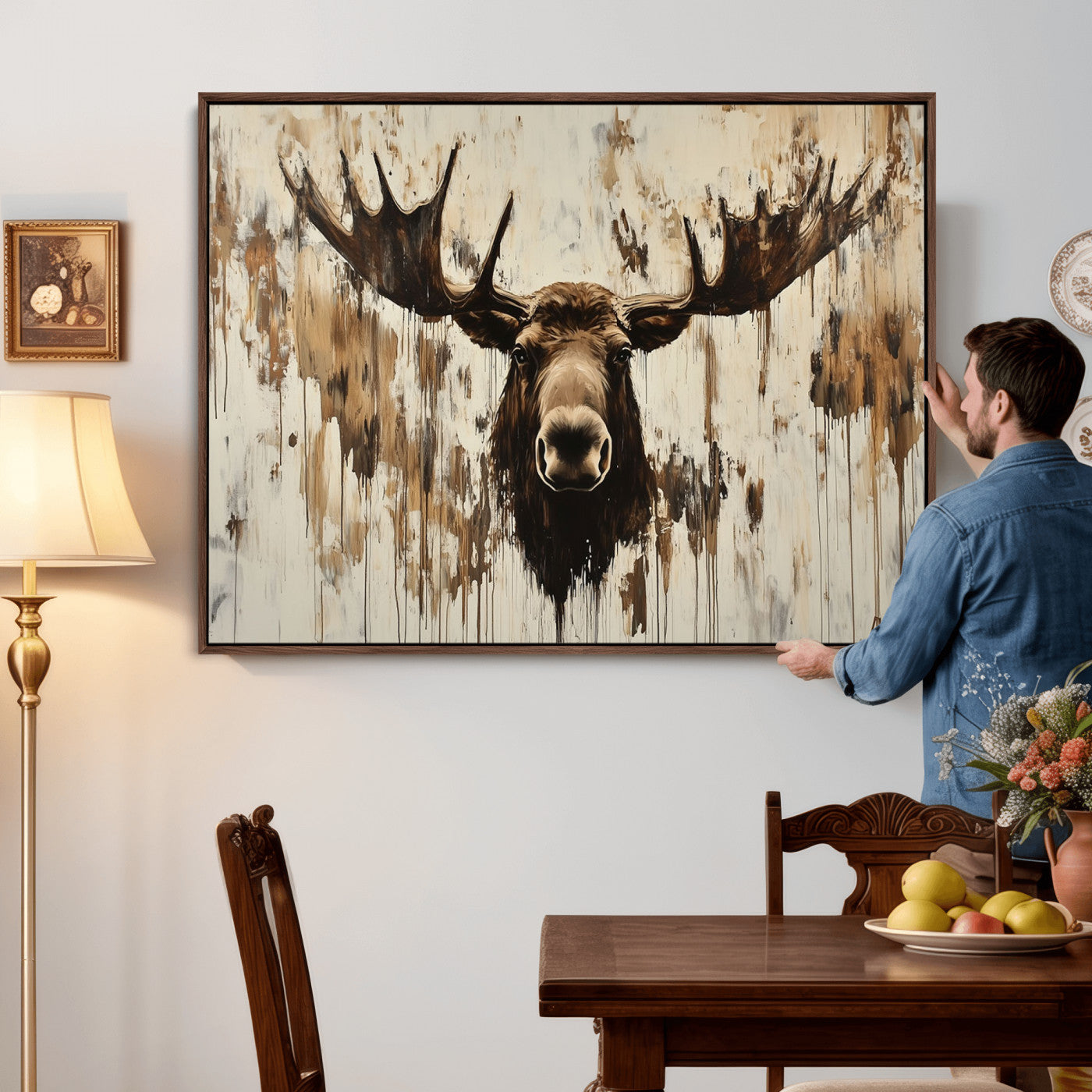 34496536-MGV-CV-36X24 - Powerful Moose Portrait Wall Art – Rich Earthy Tones, Expressive Brushstrokes, Striking Gaze, Raw Nature Vibes Decor for Home or Office