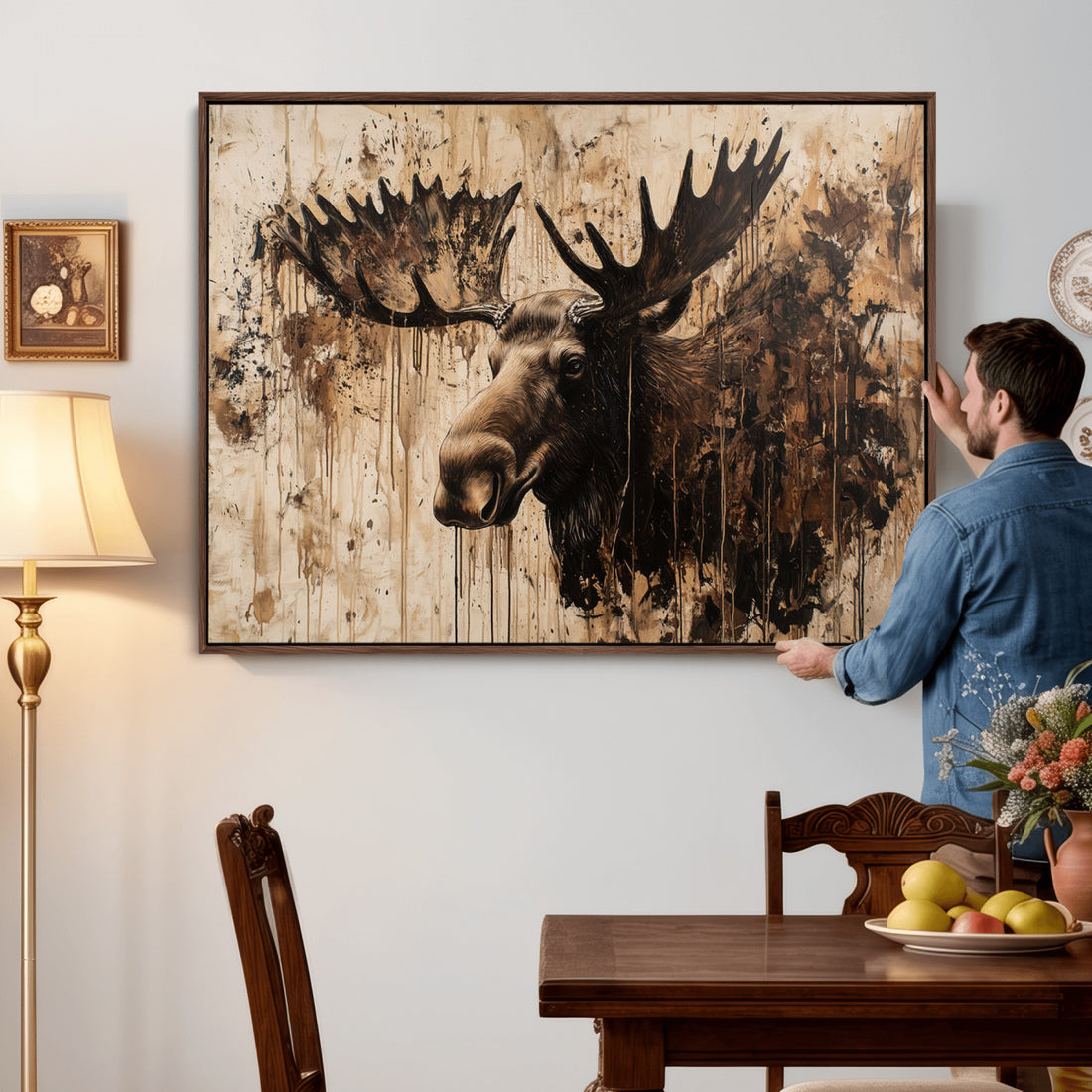 Moose Canvas Wall Art, Rustic Wildlife Painting Print