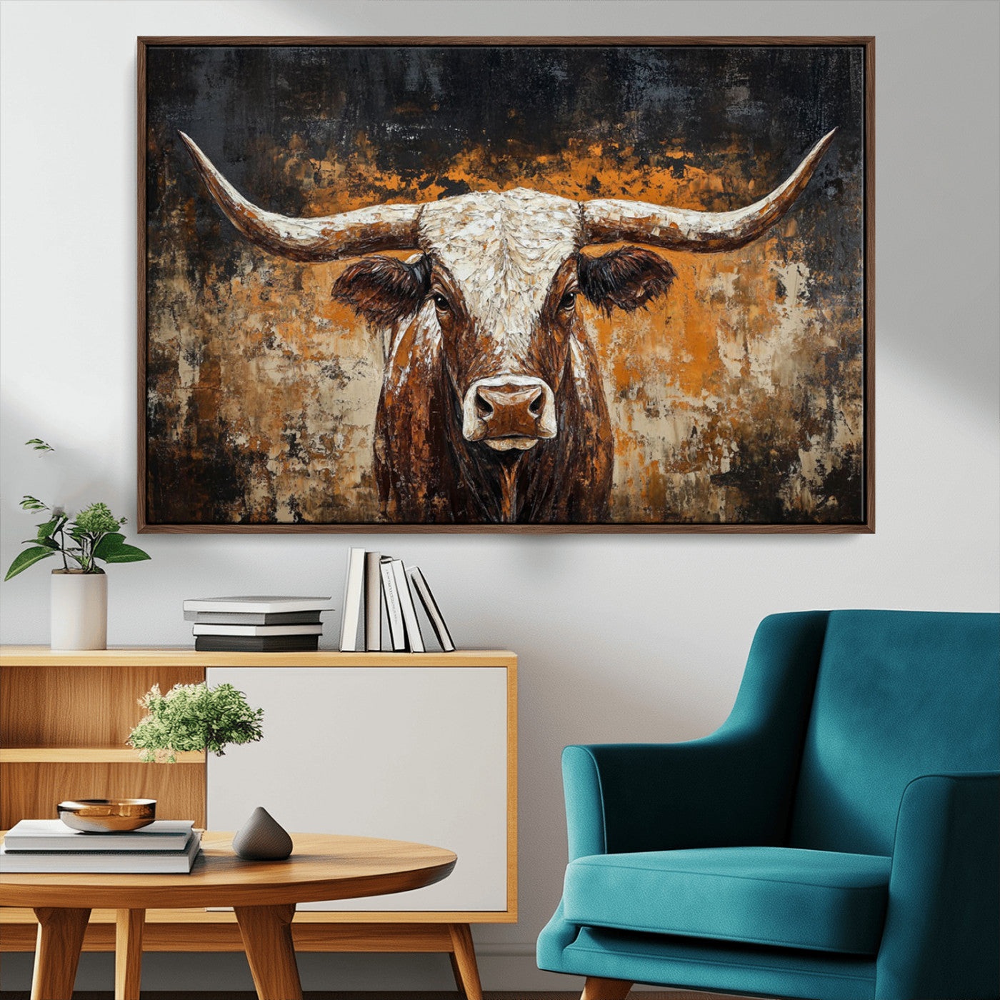 25265572-MGV-FC-36X24_Walnut-Rustic Longhorn Bull Wall Art Canvas Print – Vintage Western Cattle Painting, Texas Steer Artwork for Ranch, Farmhouse or Cowboy Decor