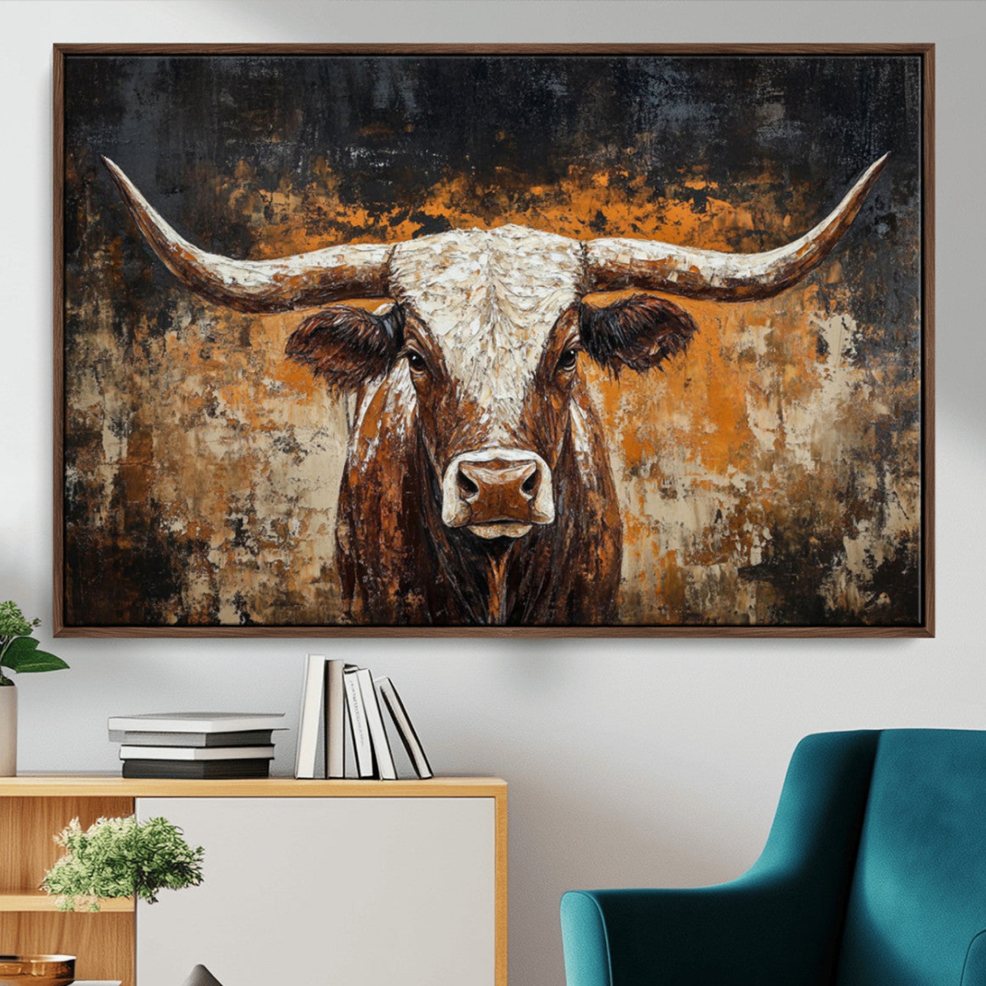25265572-MGV-CV-36X24-Rustic Longhorn Bull Wall Art Canvas Print – Vintage Western Cattle Scene, Texas Steer Artwork for Home, Office