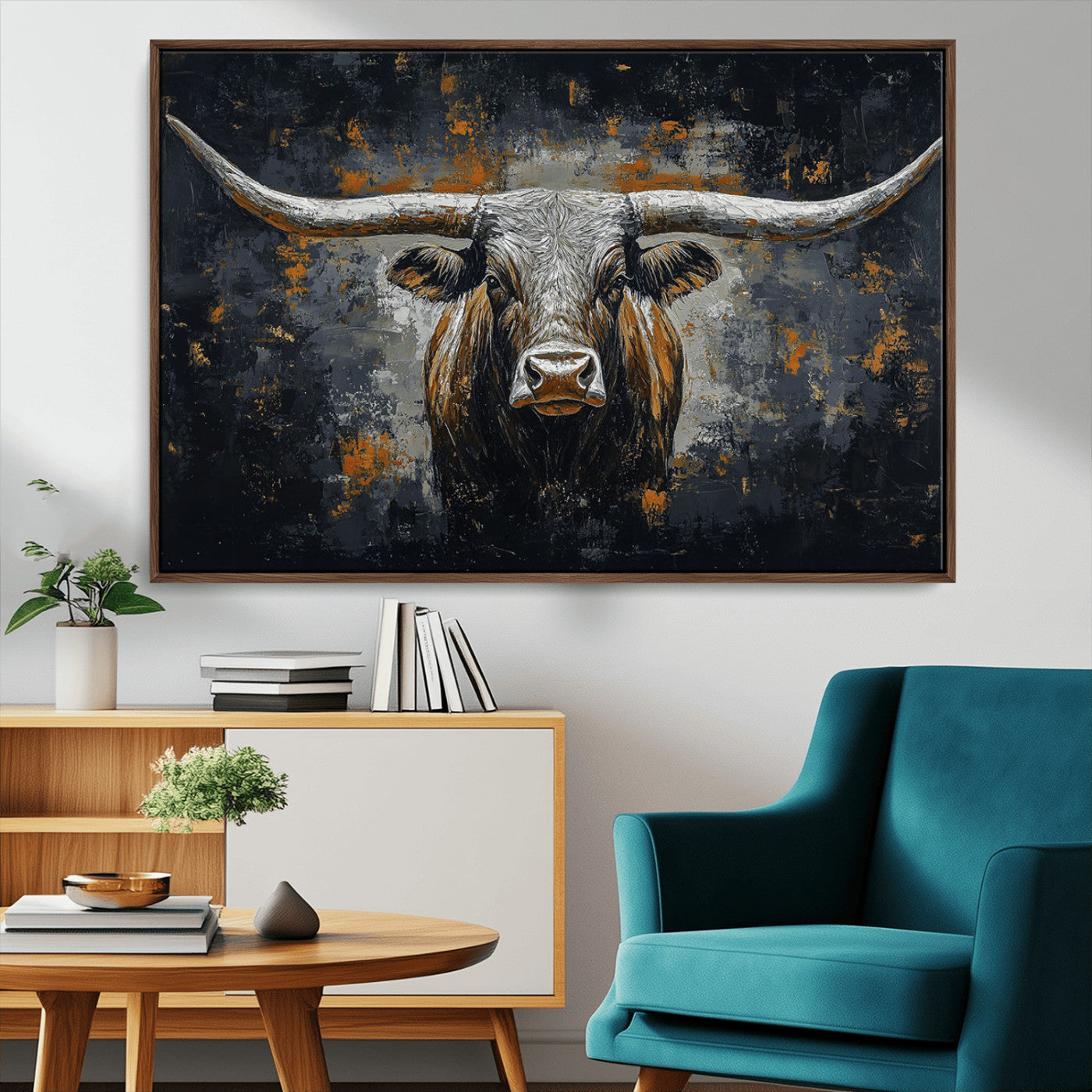 93195031-MGV-FC-36X24_Walnut-Rustic Longhorn Bull Wall Art Canvas Print – Vintage Western Cattle Painting, Texas Steer Artwork for Ranch, Farmhouse or Cowboy Decor