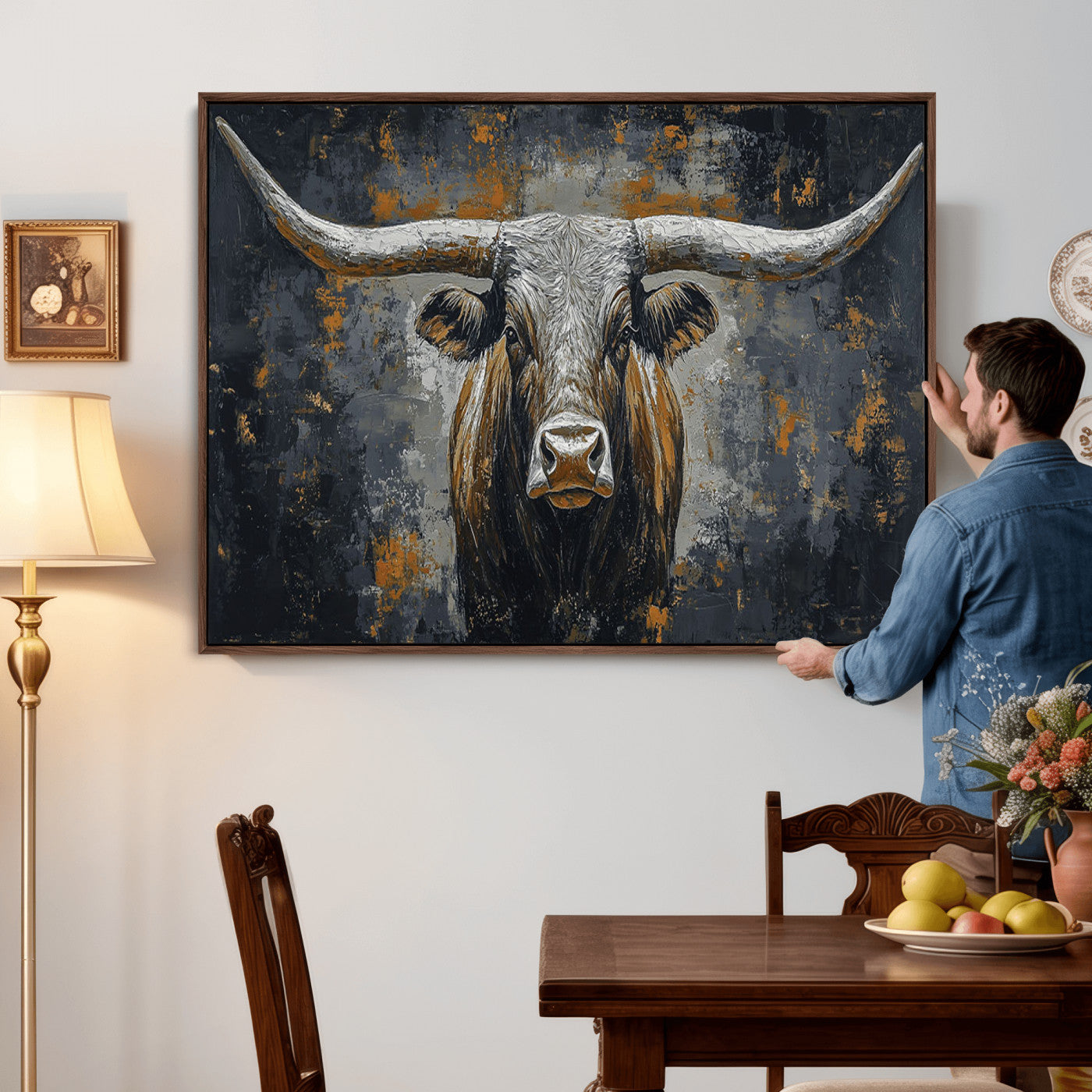 73972561-MGV-CV-36X24 - Bold Bull Wall Art Canvas – Striking Portrait with Wide Horns and Rich Brown Hues, Rustic Farmhouse and Western Decor for Home Room