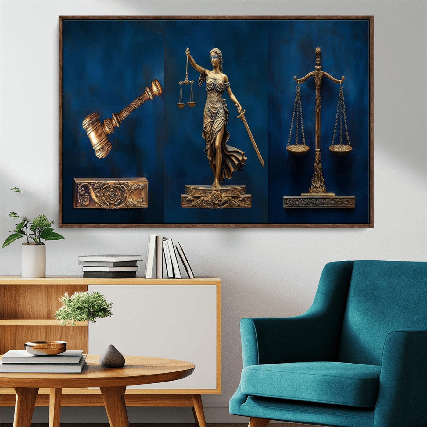MGV-FC-36X24 - Lady Justice Wall Art Canvas Print – Elegant Gold Legal Symbols on Blue Background, Perfect for Law